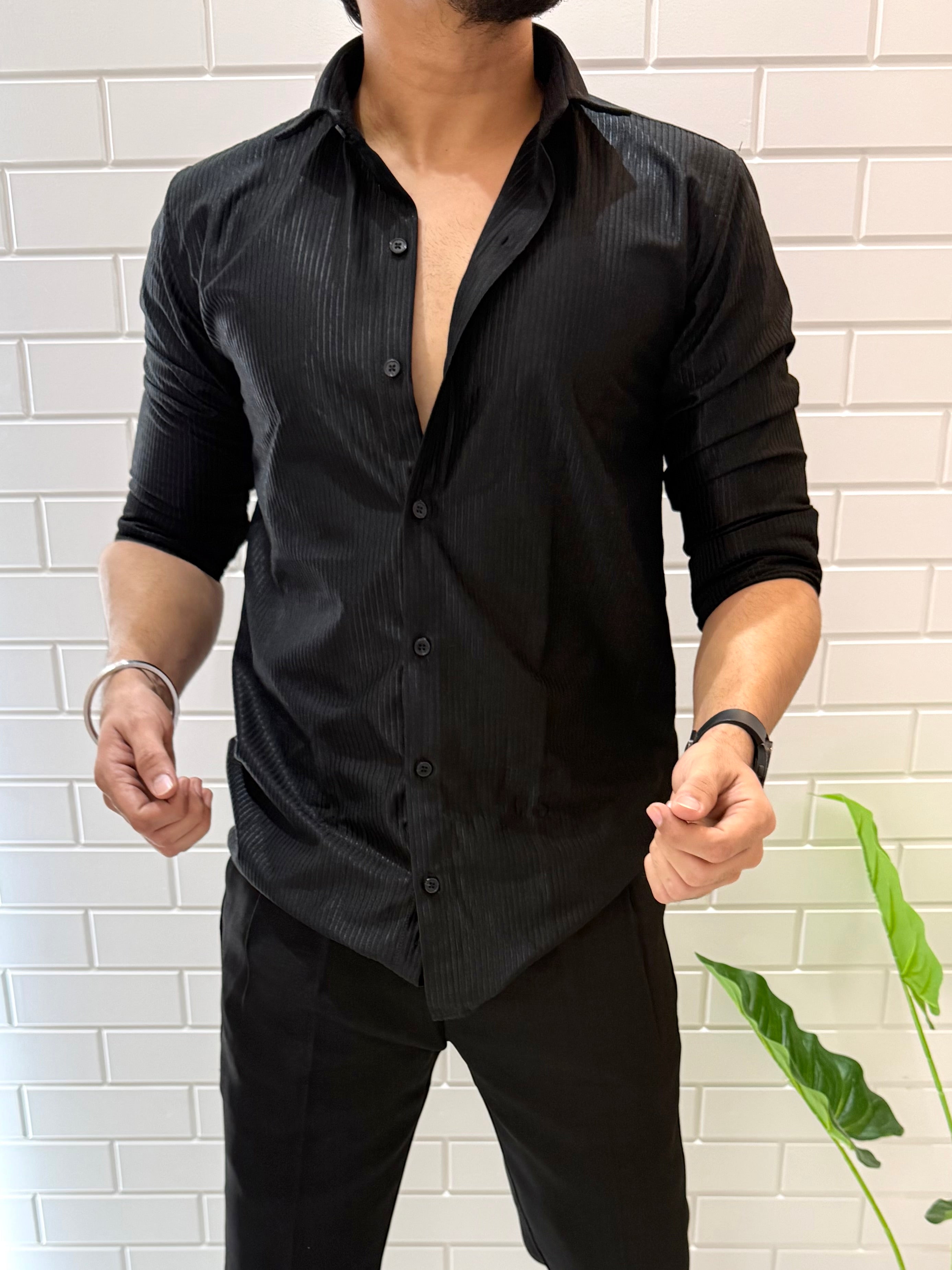 Imported Fabric Self Stripe Black Full sleeve Shirt