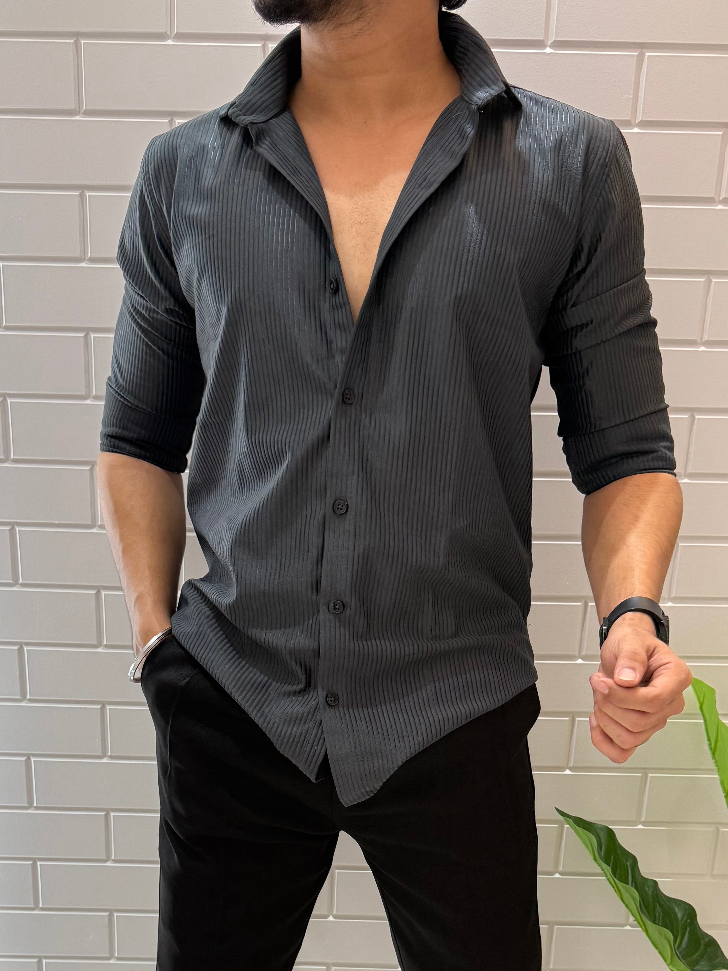 Imported Fabric Self Stripe D Grey Full sleeve Shirt
