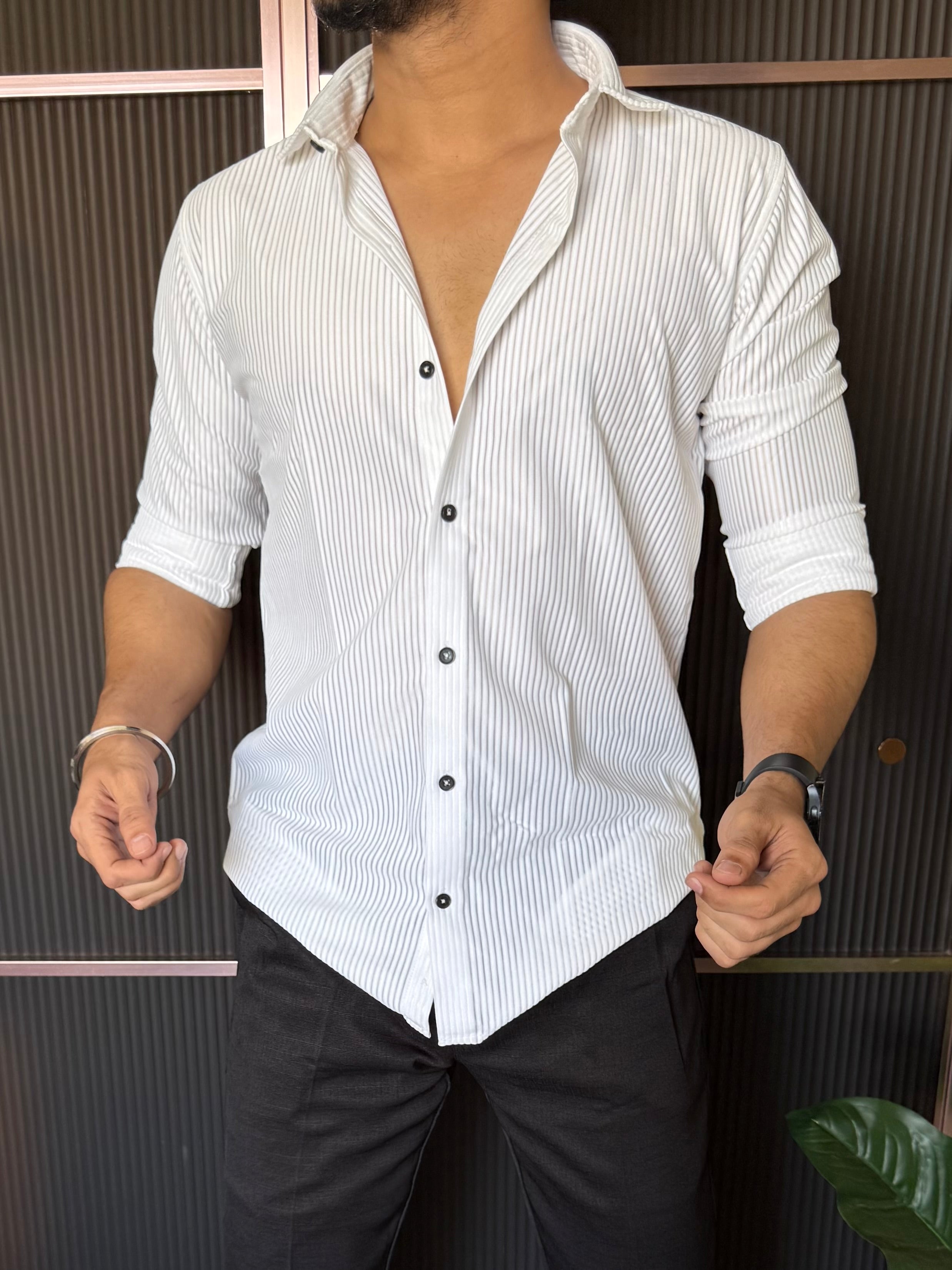 Imported Fabric Self Stripe White Full sleeve Shirt