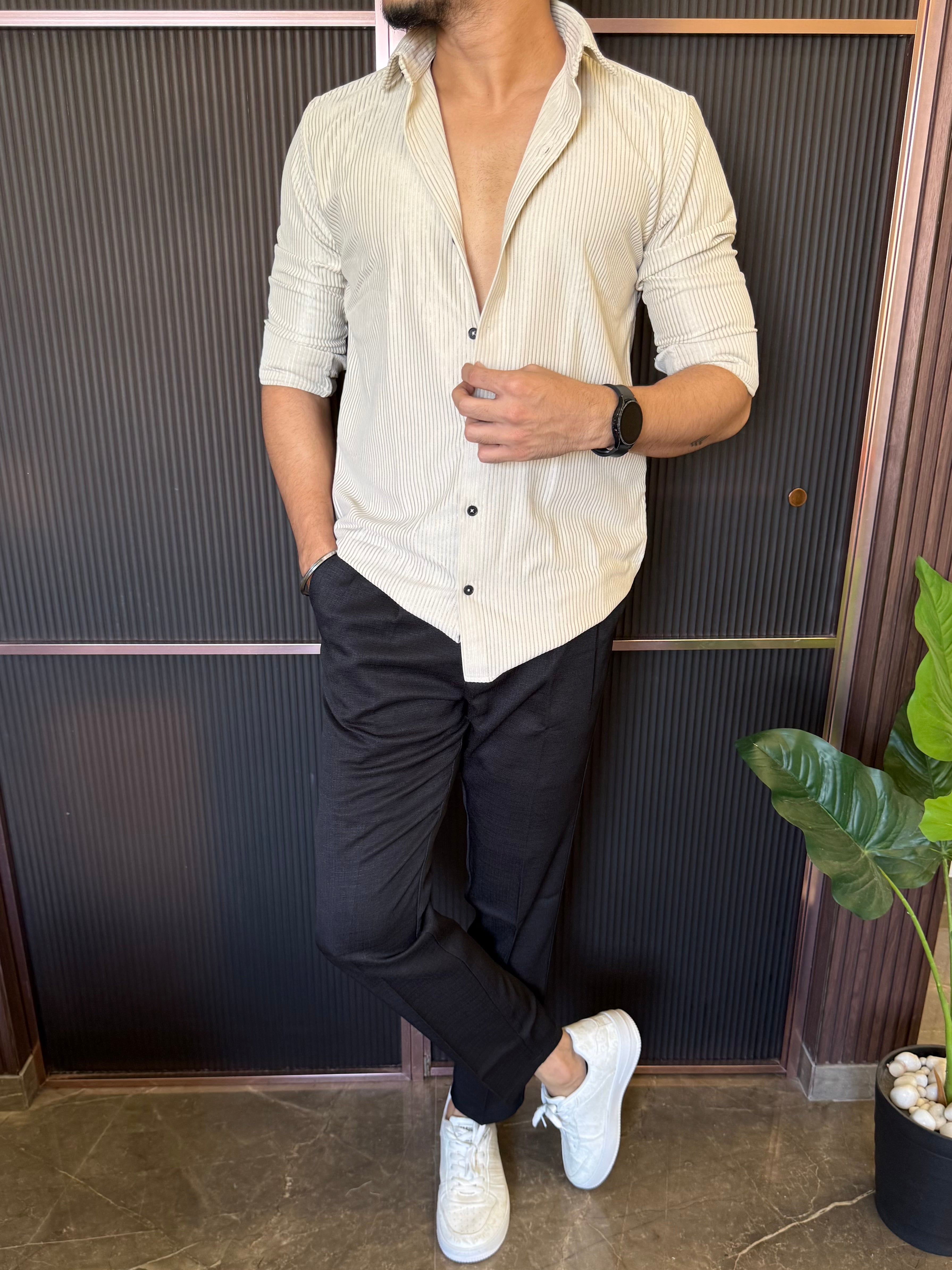 Imported Fabric Self Stripe Cream Full sleeve Shirt