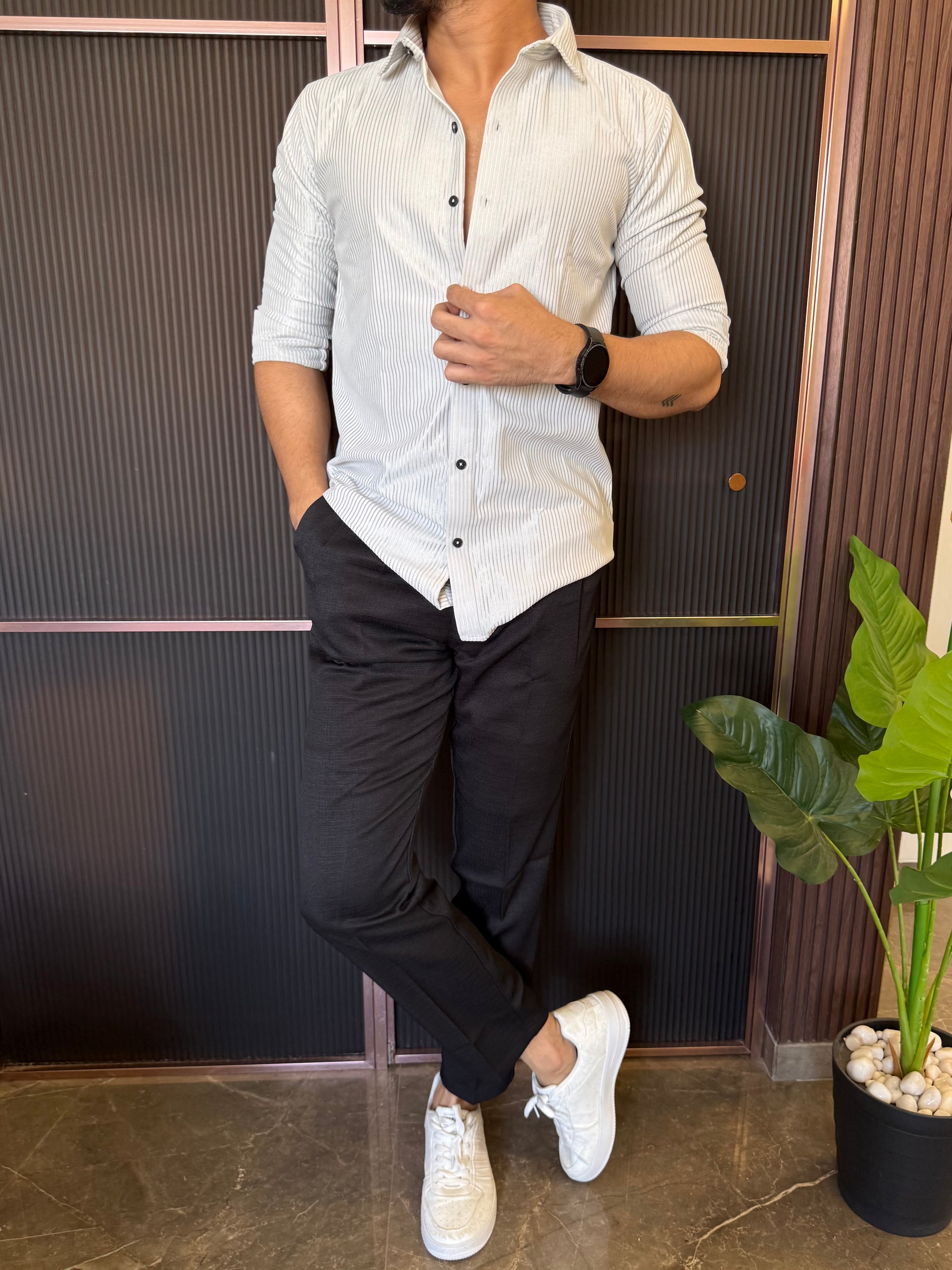Imported Fabric Self Stripe Grey Full sleeve Shirt