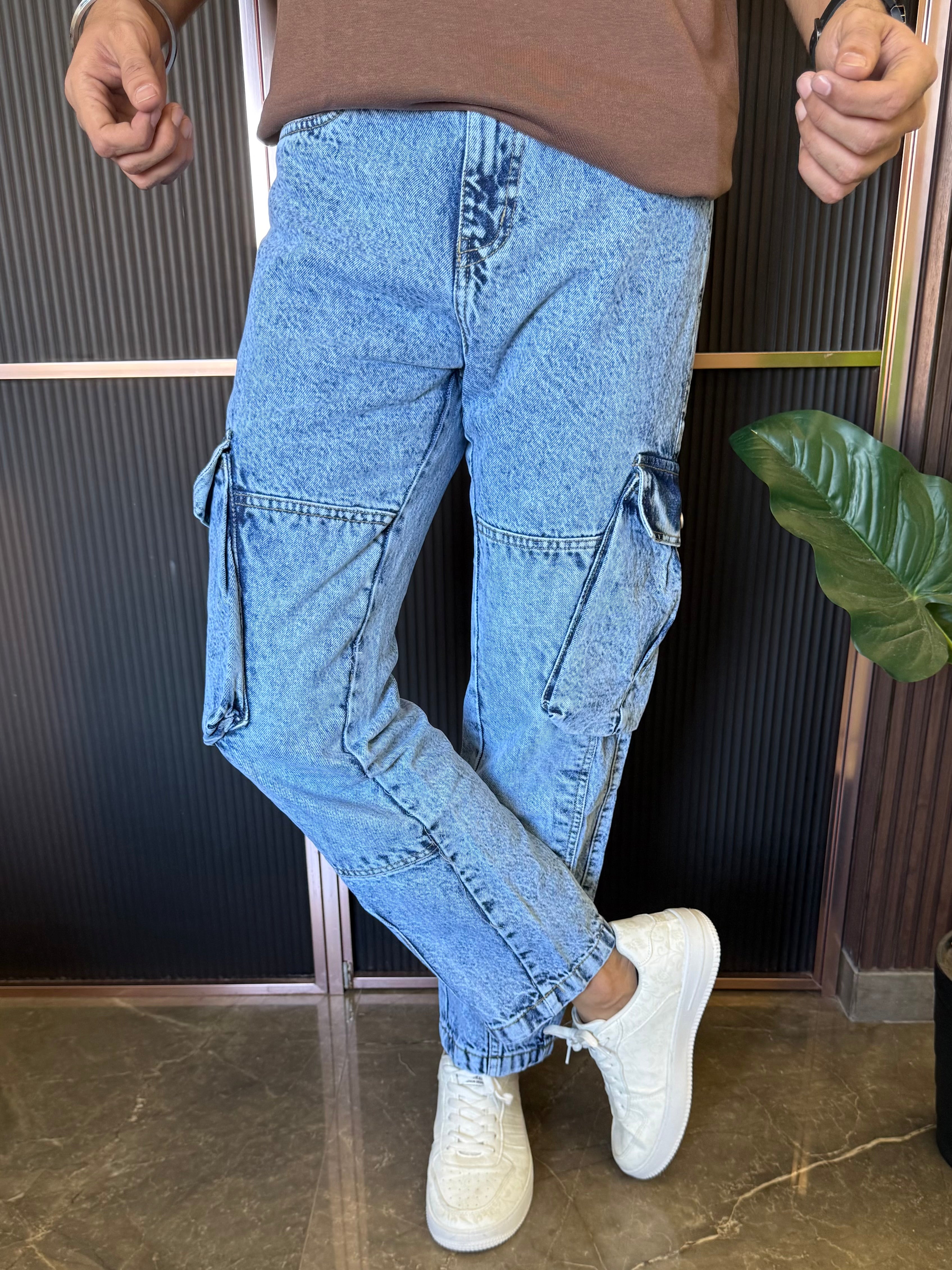 Mom Fit Cargo Mint Blue Jeans