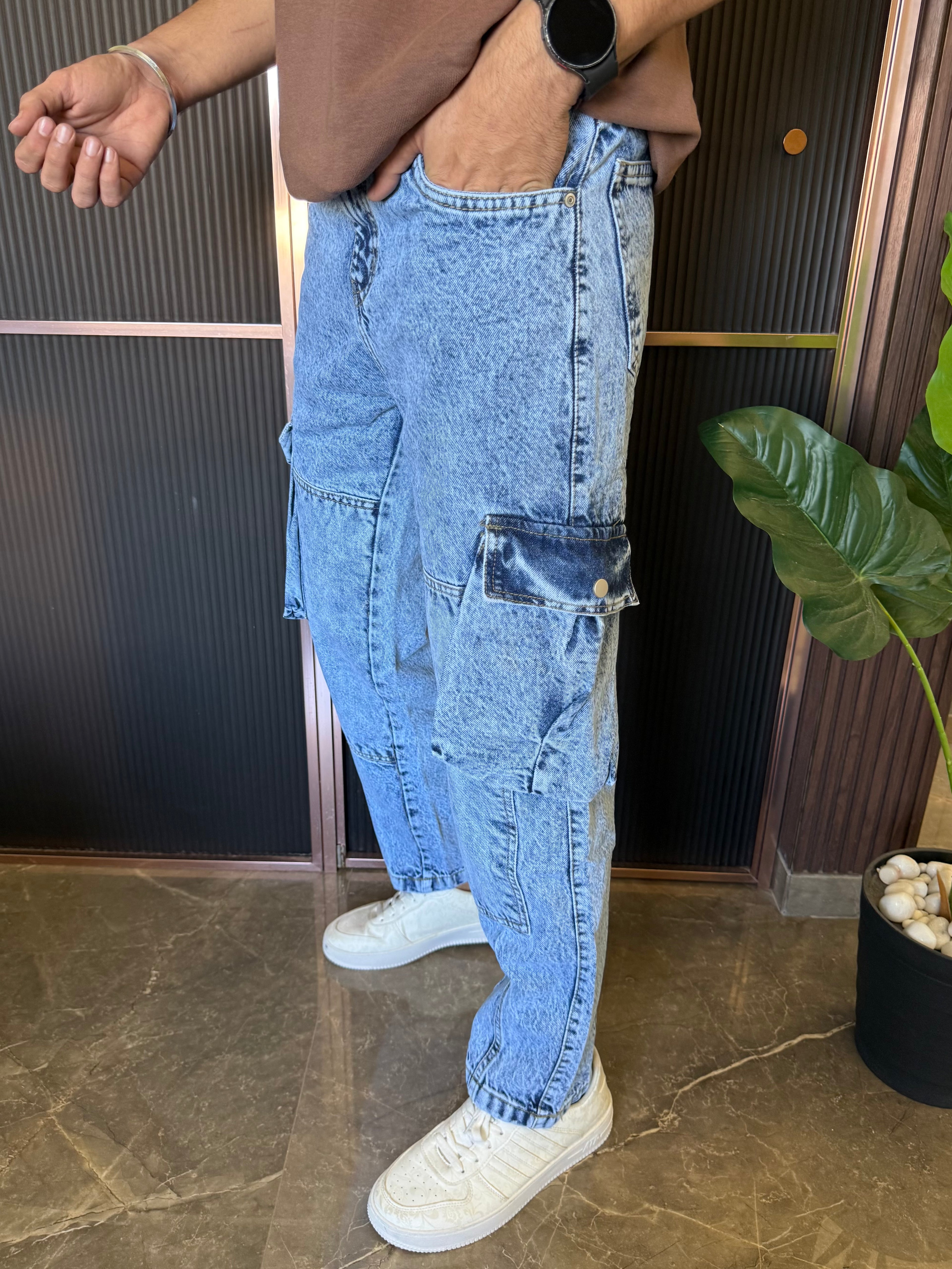 Mom Fit Cargo Mint Blue Jeans