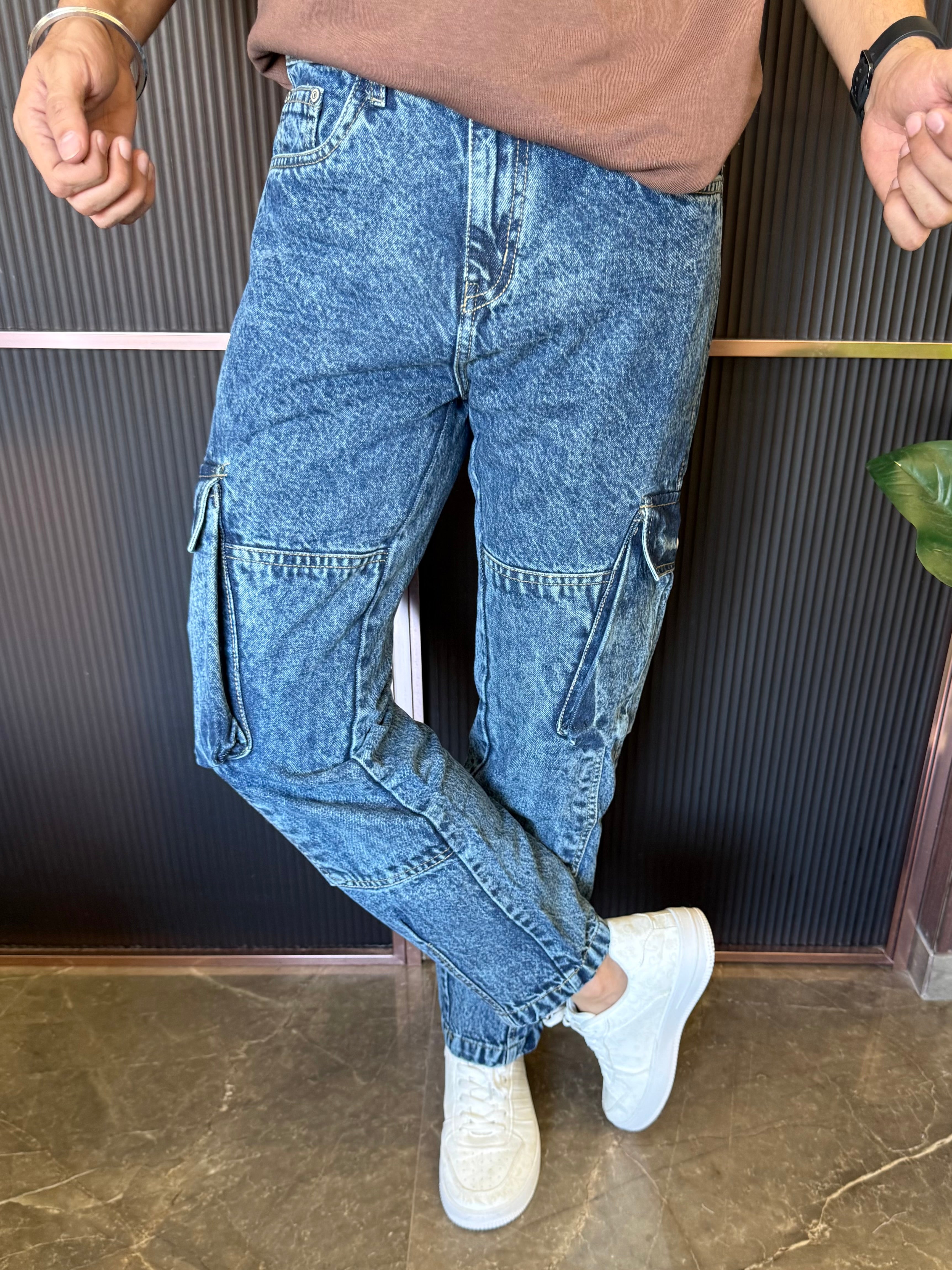 Mom Fit Cargo Slub Blue Jeans
