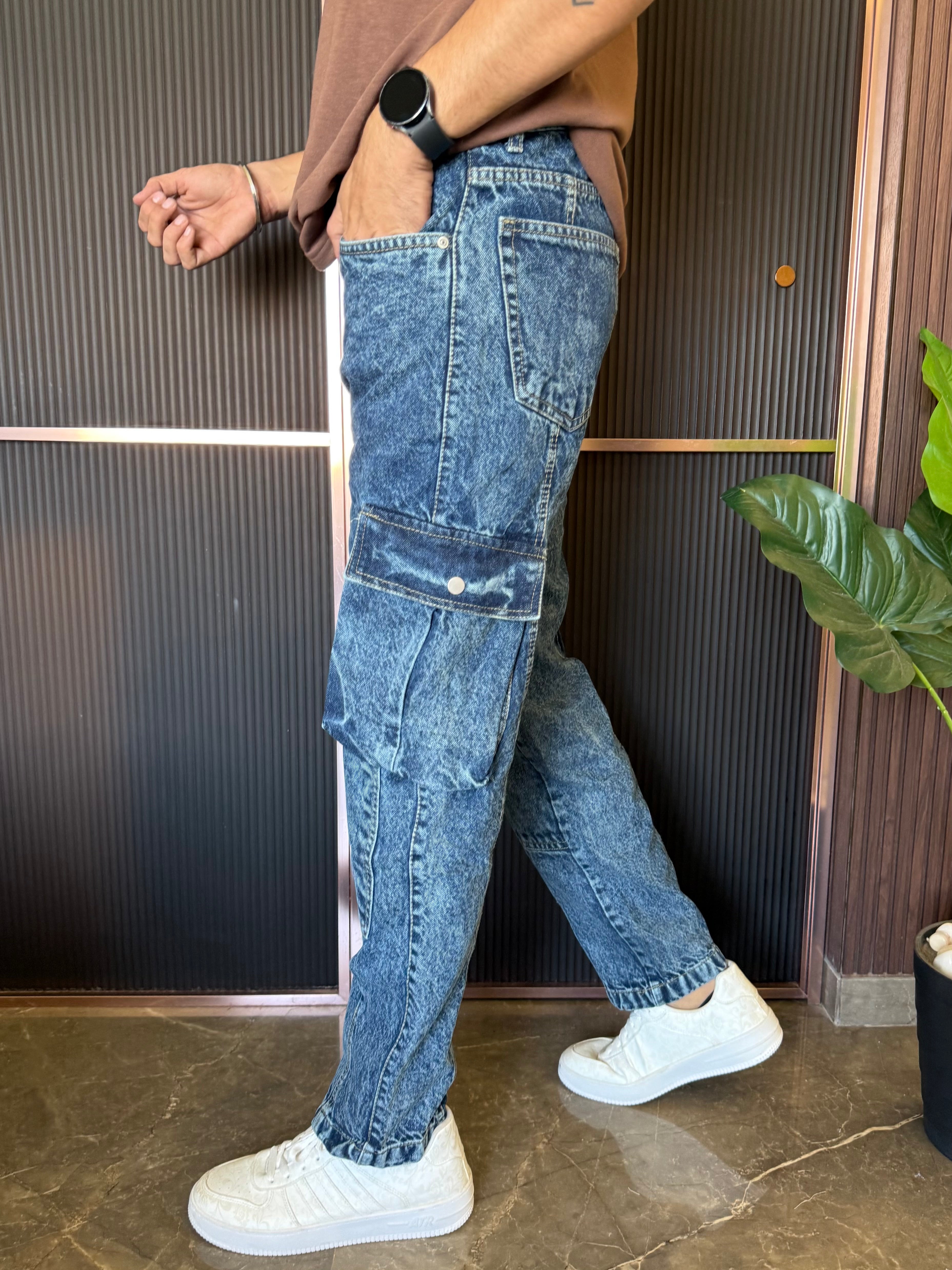 Mom Fit Cargo Slub Blue Jeans
