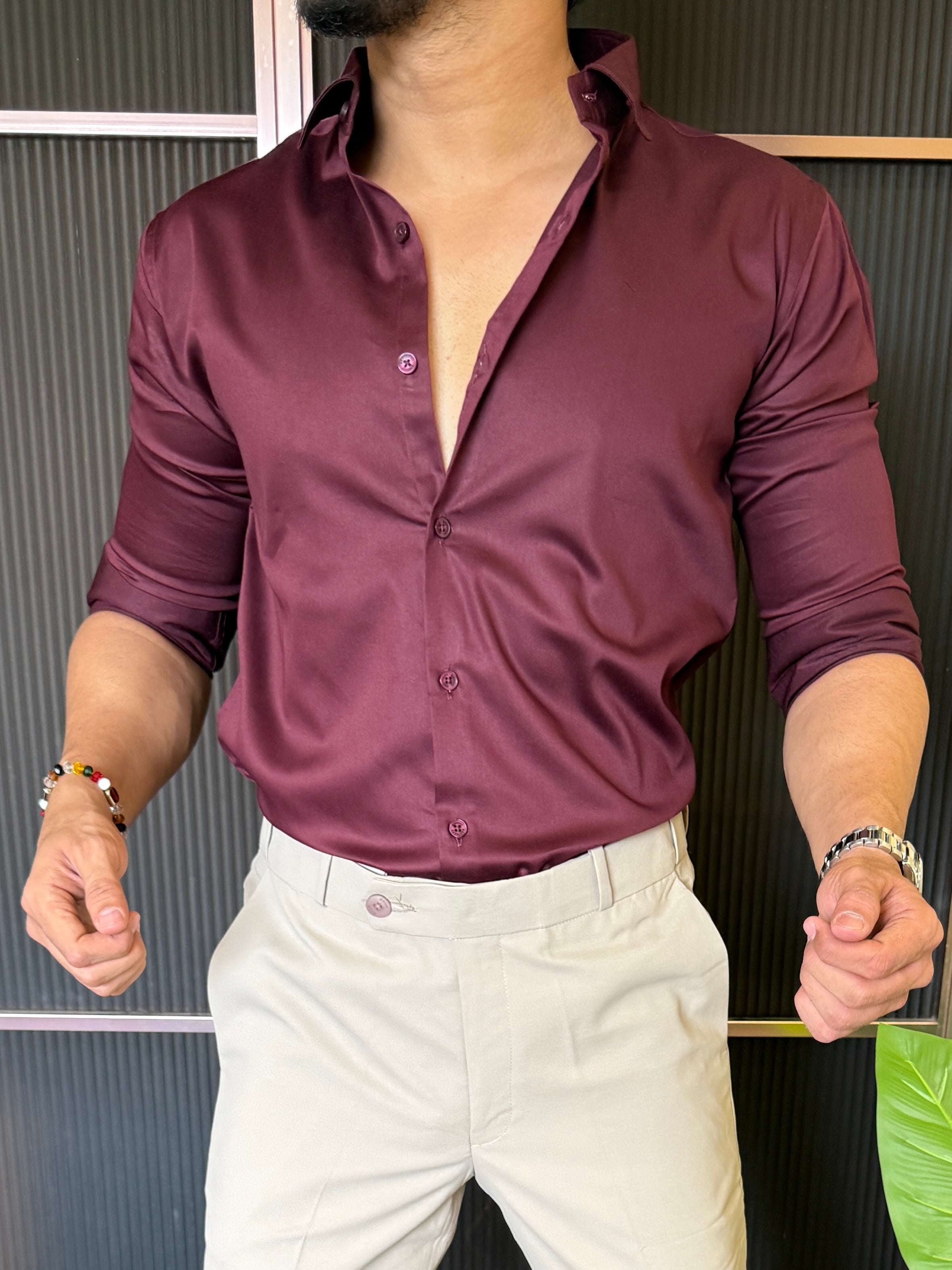 Cotton Satin Maron Fullsleeve Shirt