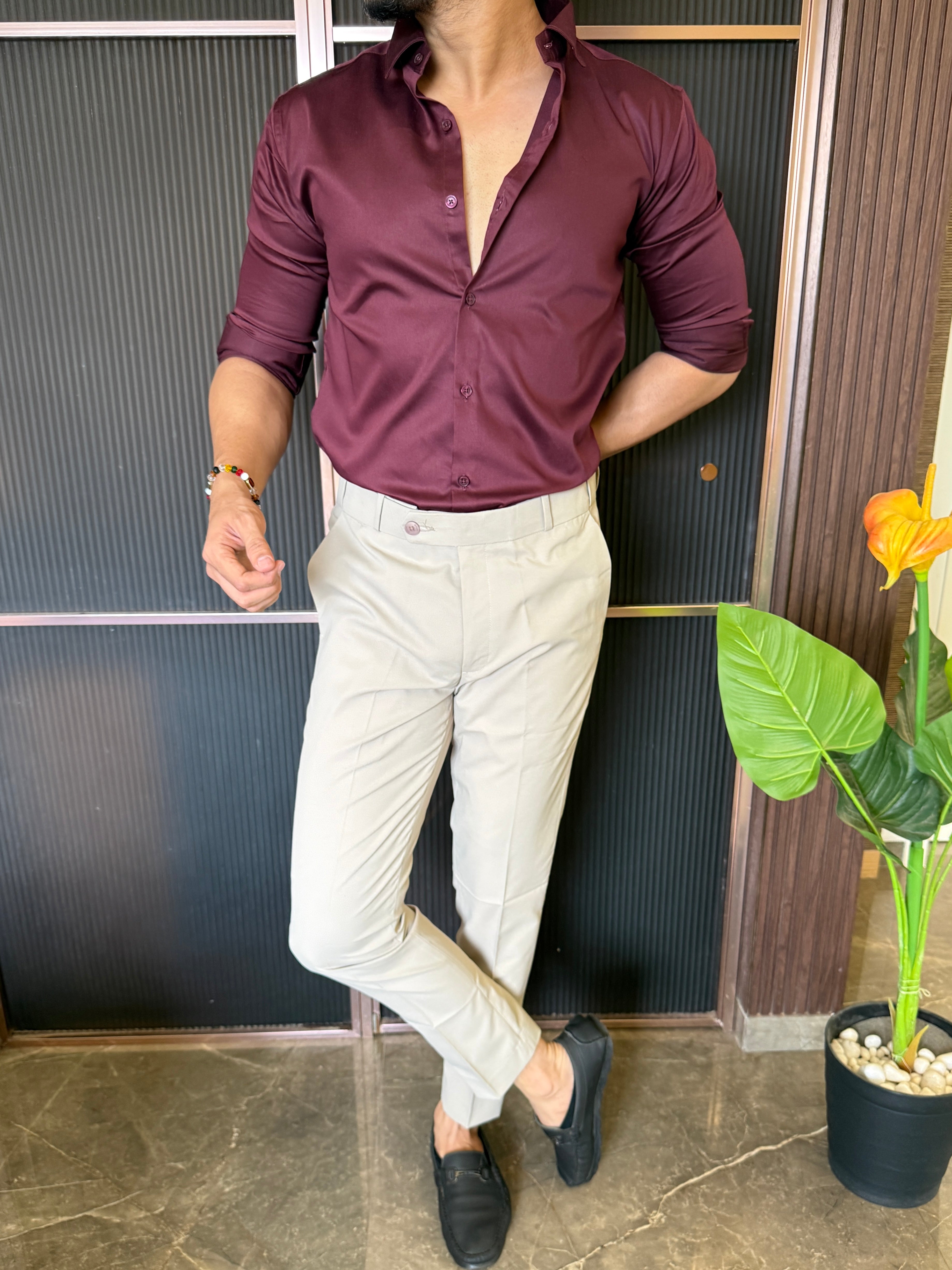 Cotton Satin Maron Fullsleeve Shirt