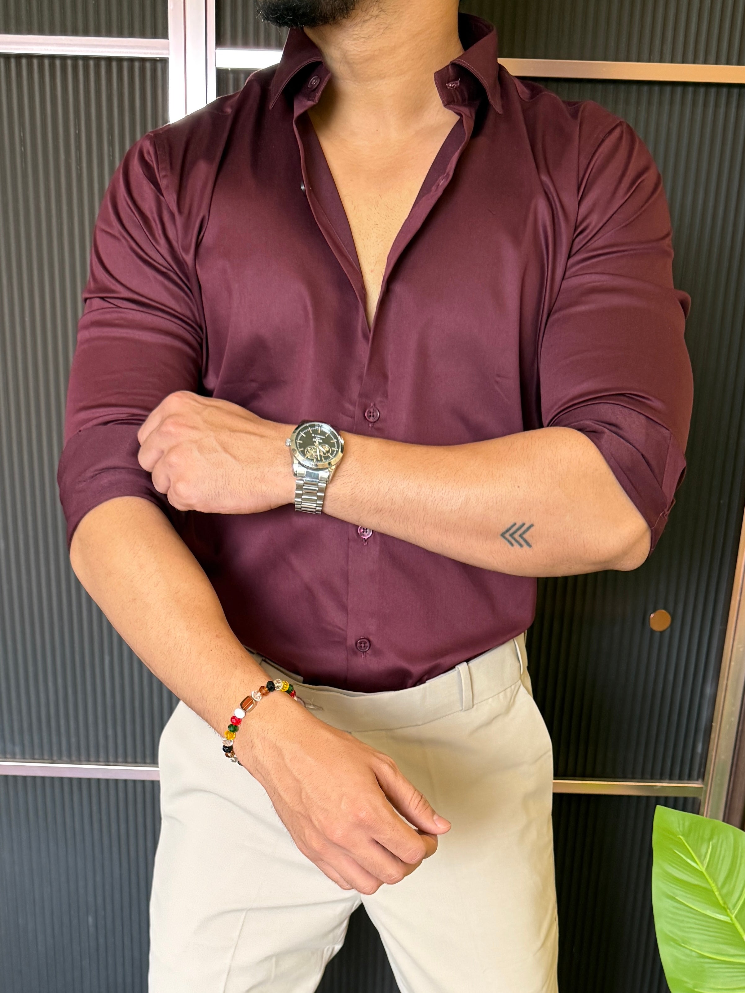 Cotton Satin Maron Fullsleeve Shirt