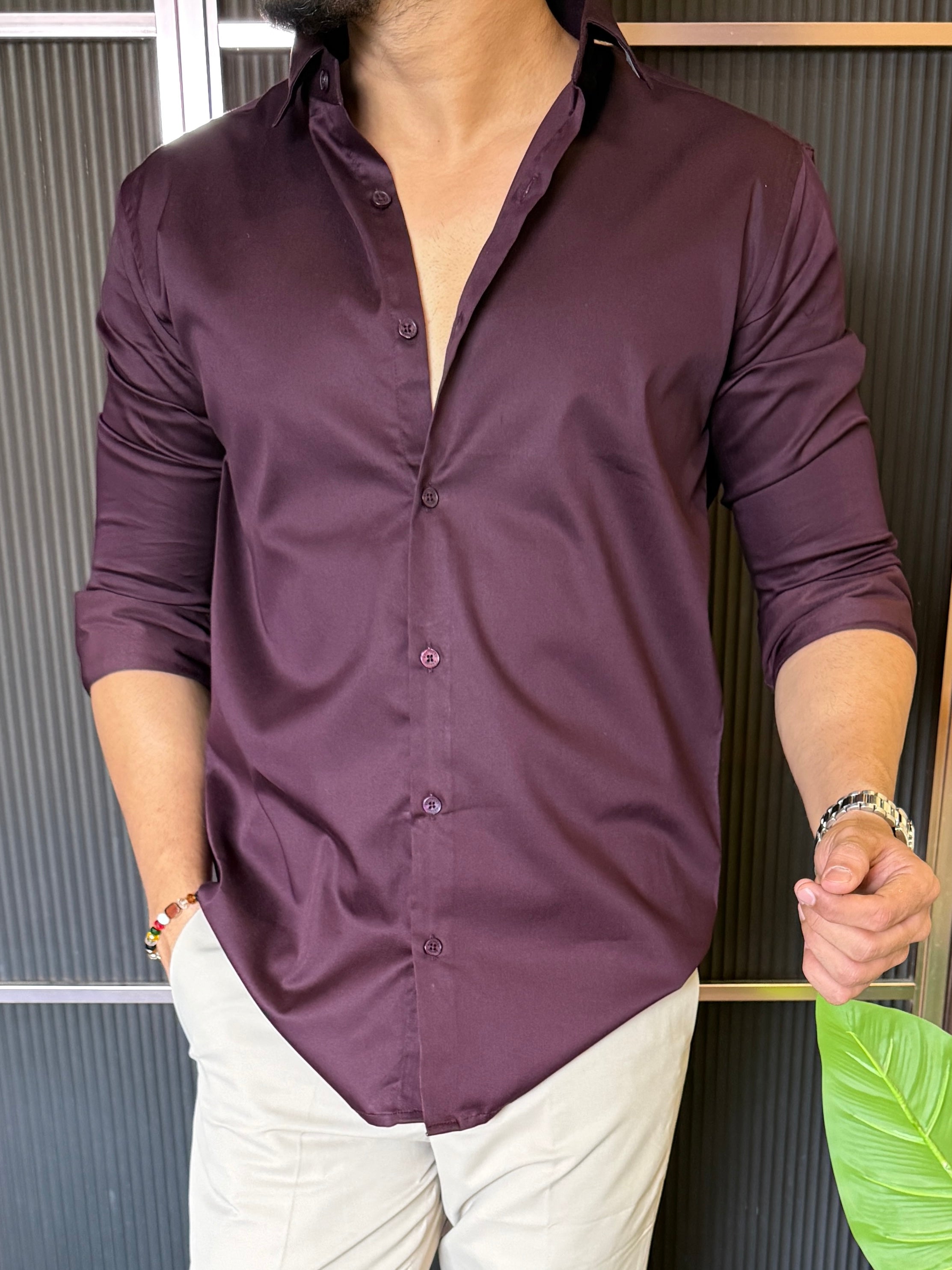 Cotton Satin Wine Fullsleeve Shirt