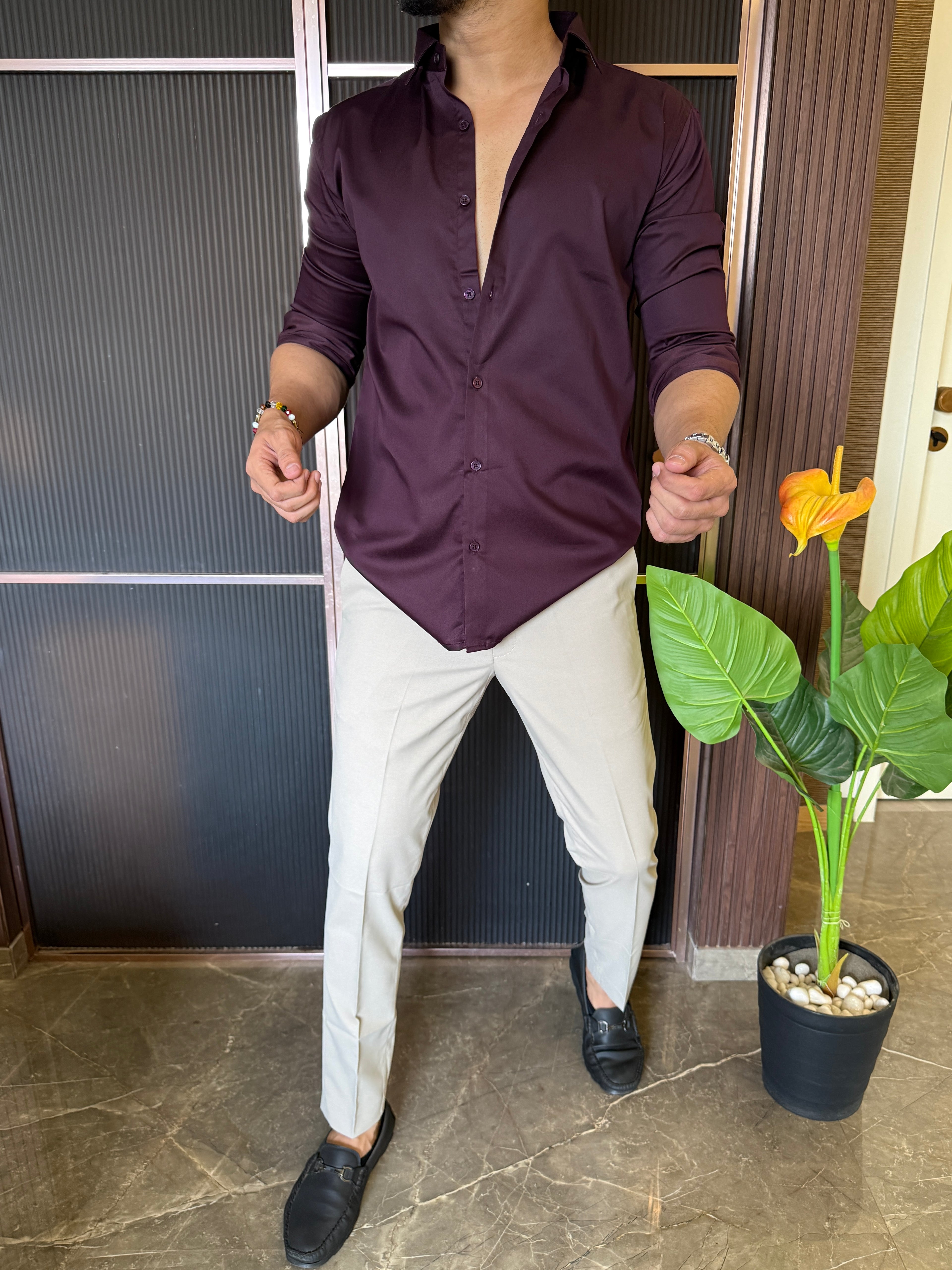 Cotton Satin Wine Fullsleeve Shirt