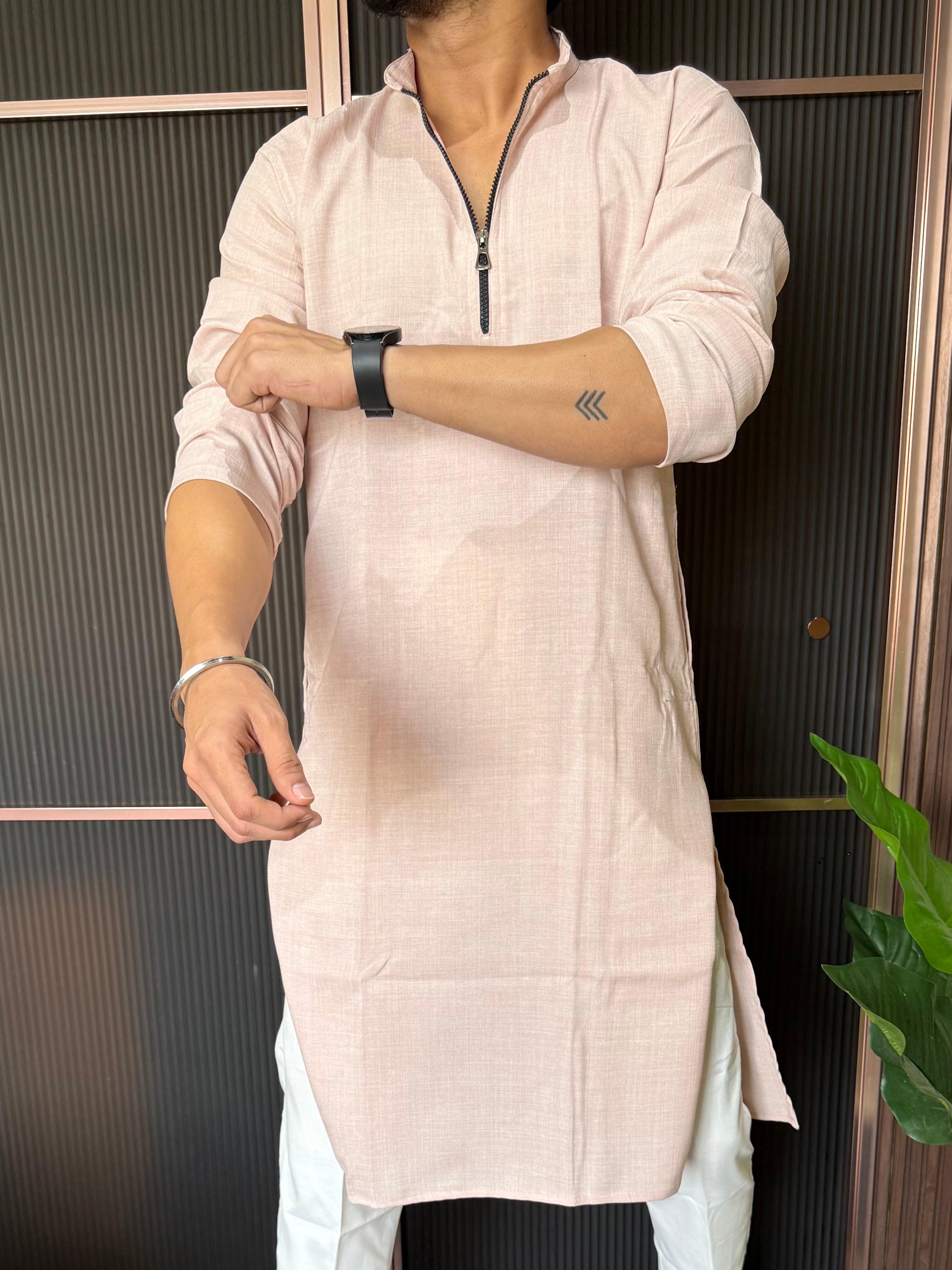 Linen  Zip Style Long Peach Kurta