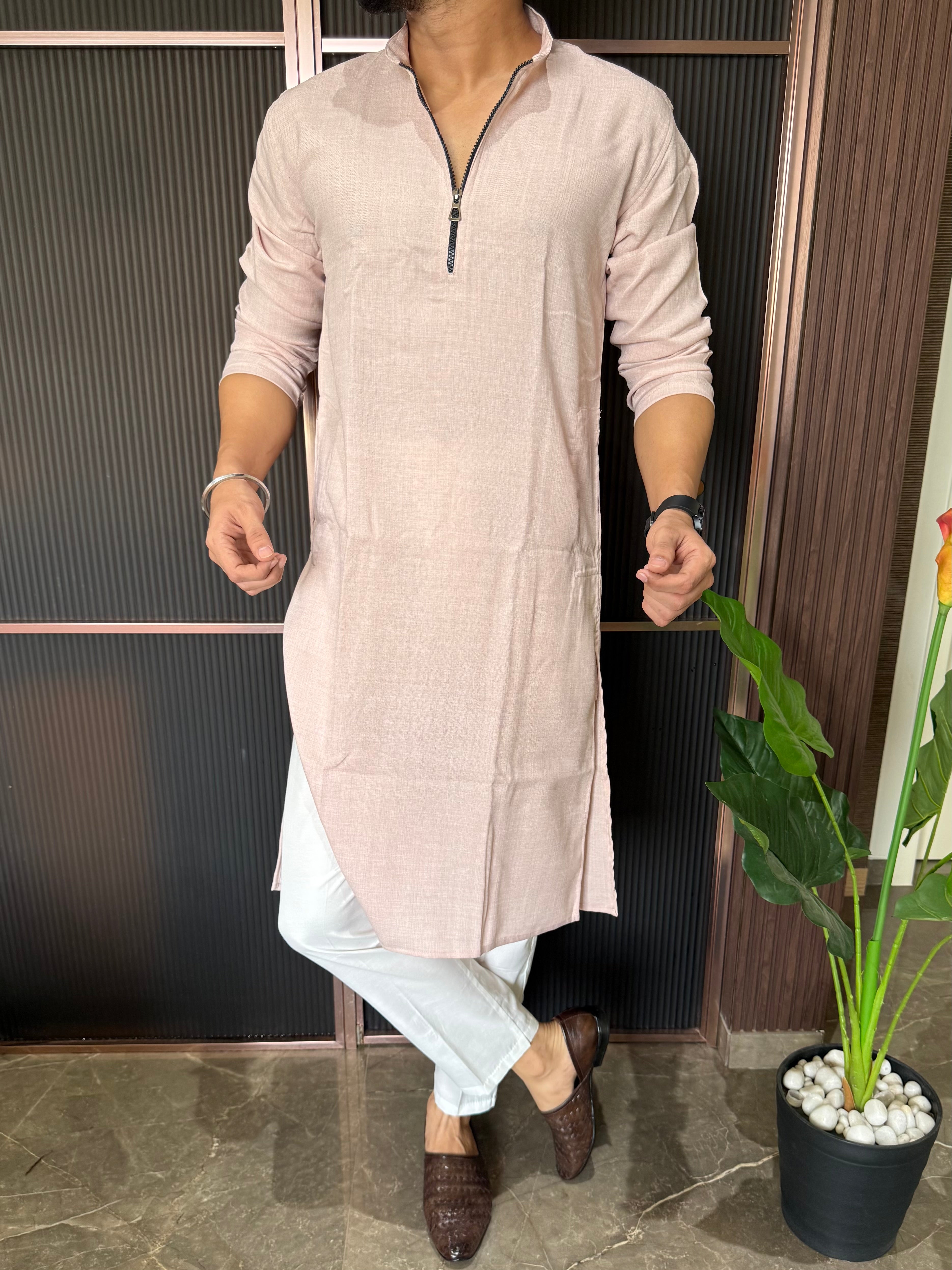 Linen  Zip Style Long Peach Kurta