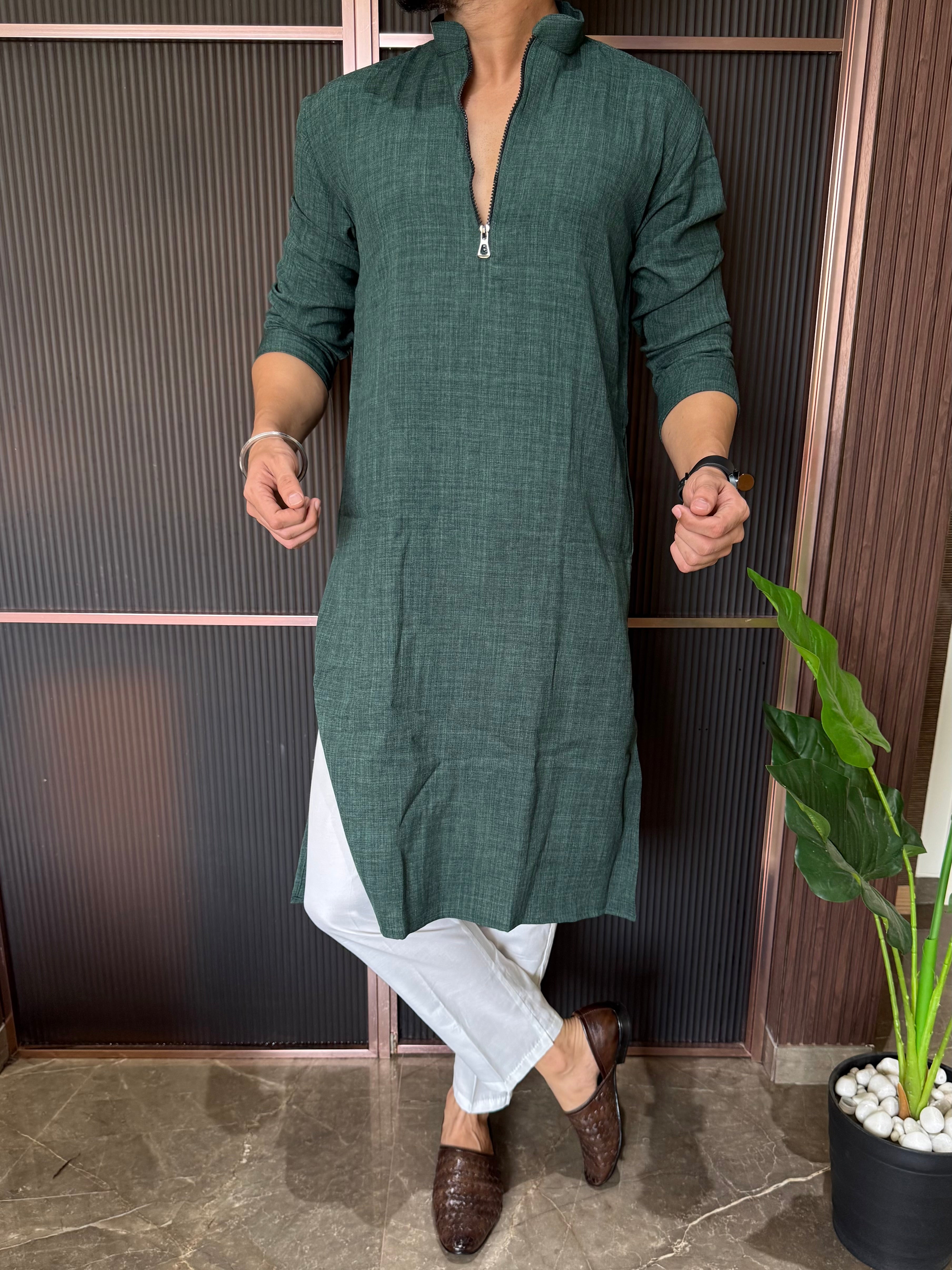 Linen  Zip Style Long Green Kurta