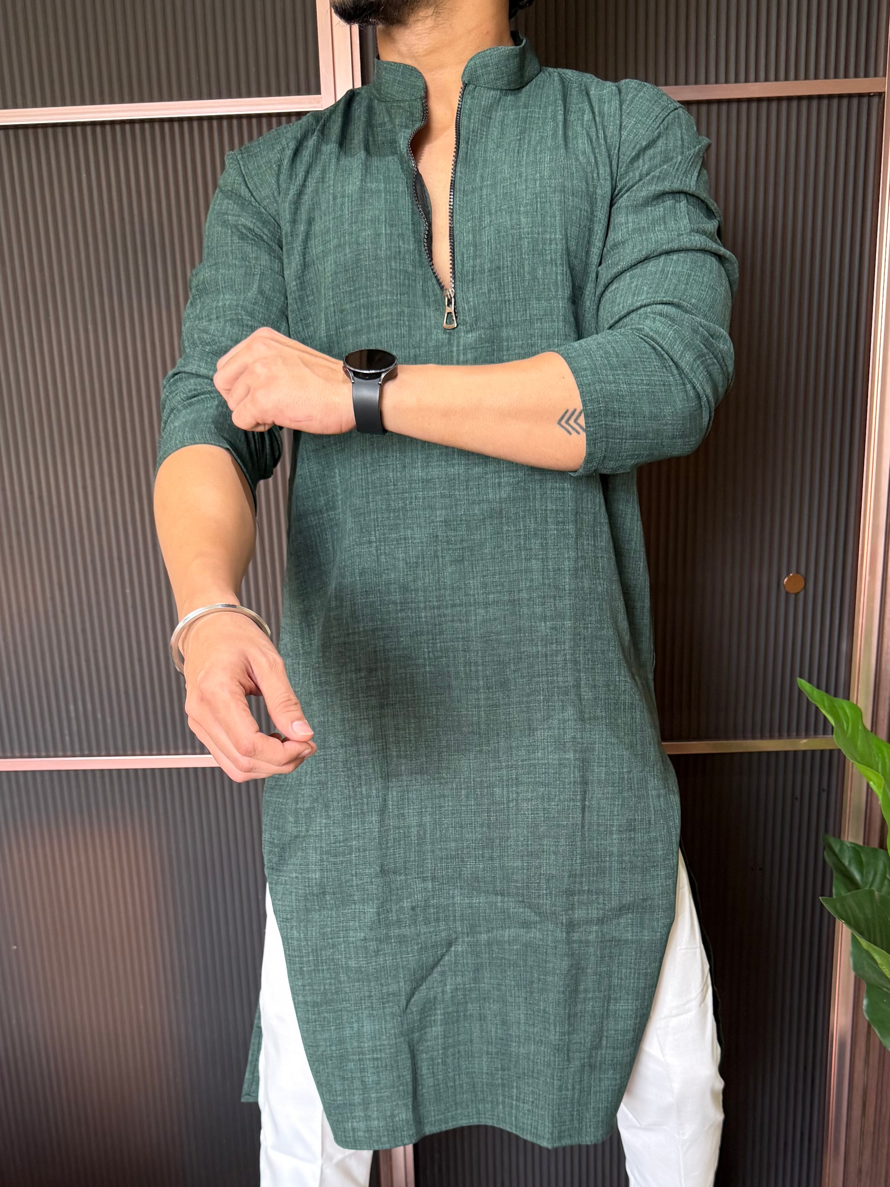 Linen  Zip Style Long Green Kurta