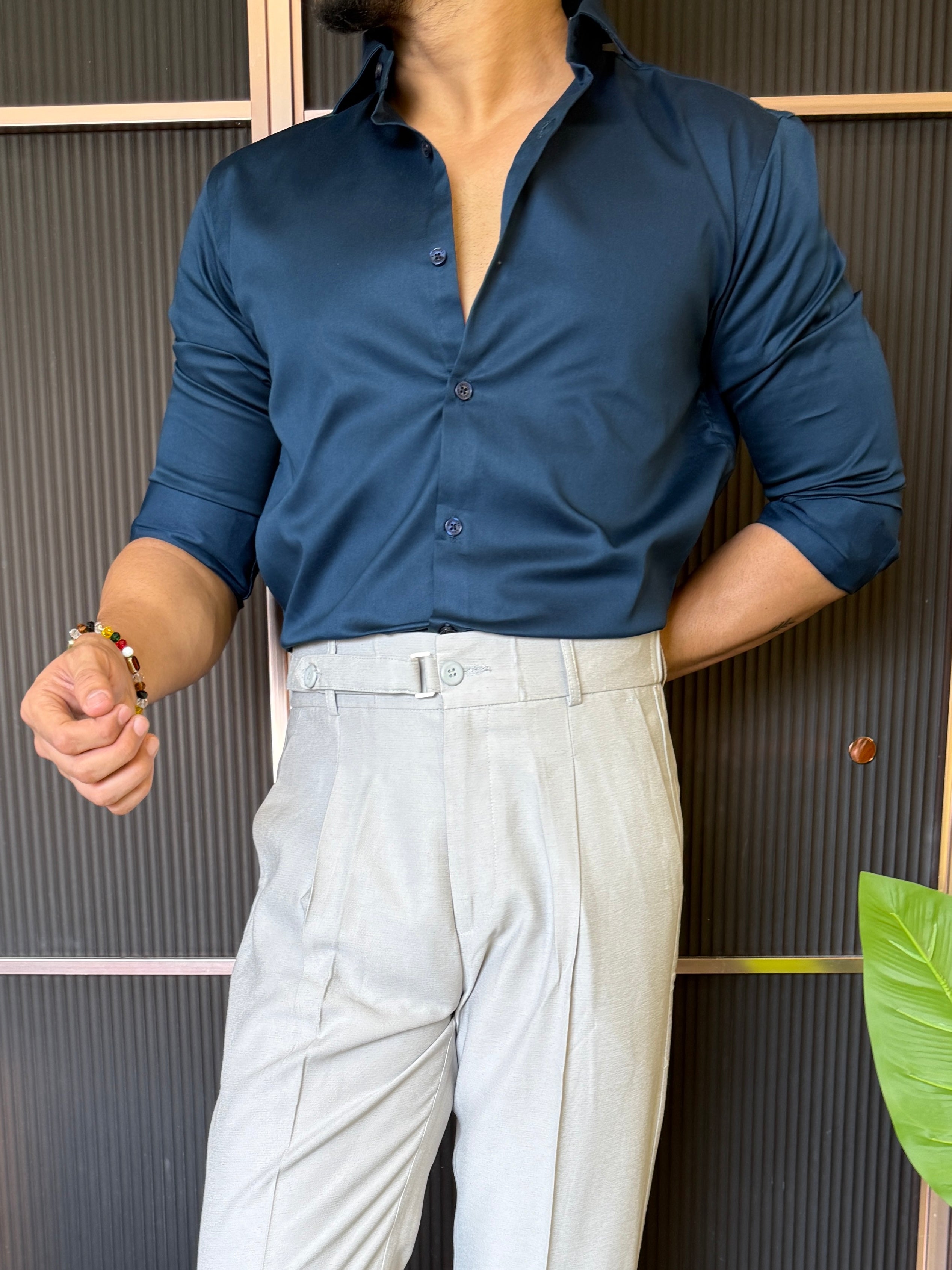 Cotton Satin  Navy Blue Fullsleeve Shirt
