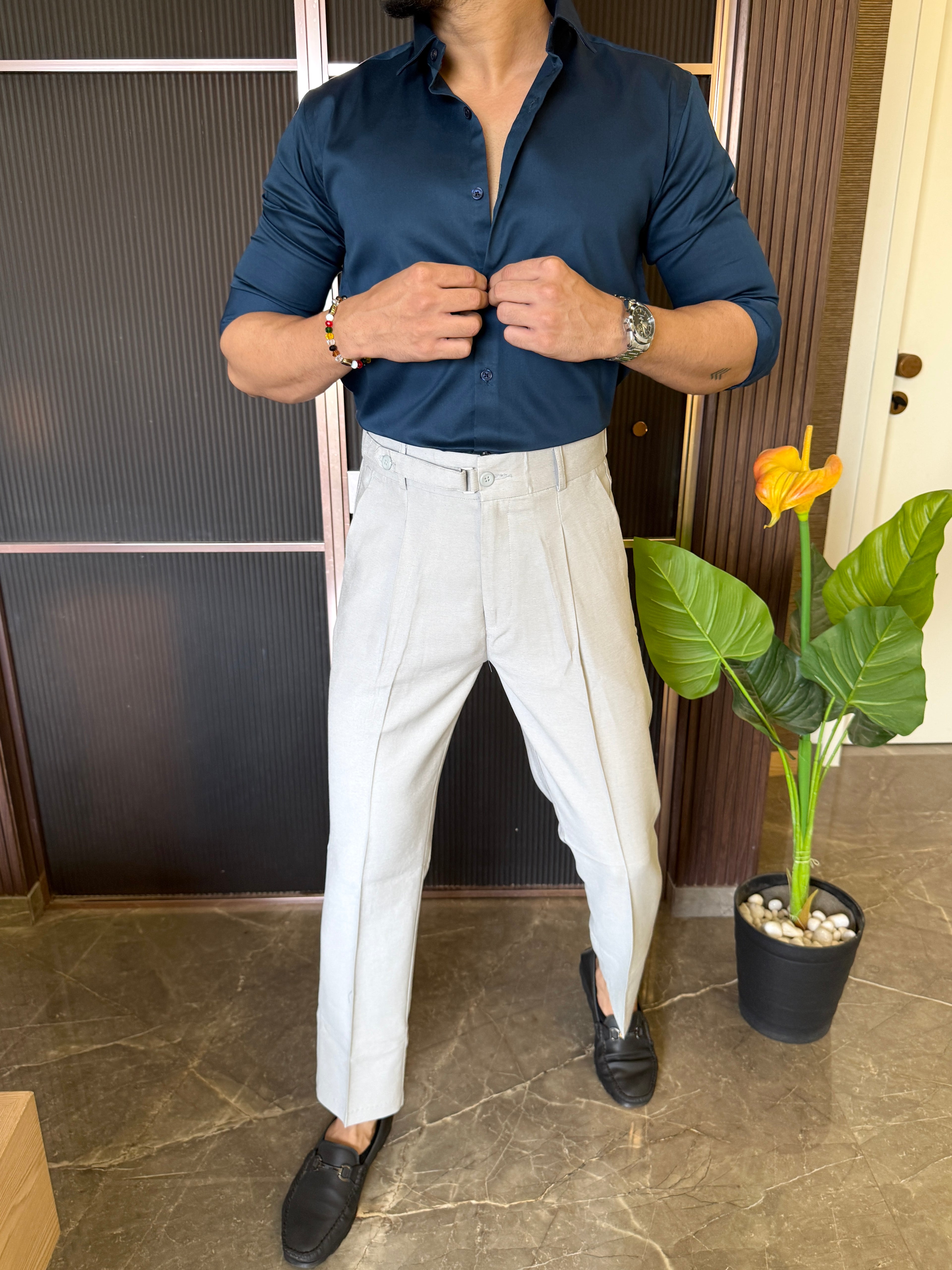 Cotton Satin  Navy Blue Fullsleeve Shirt