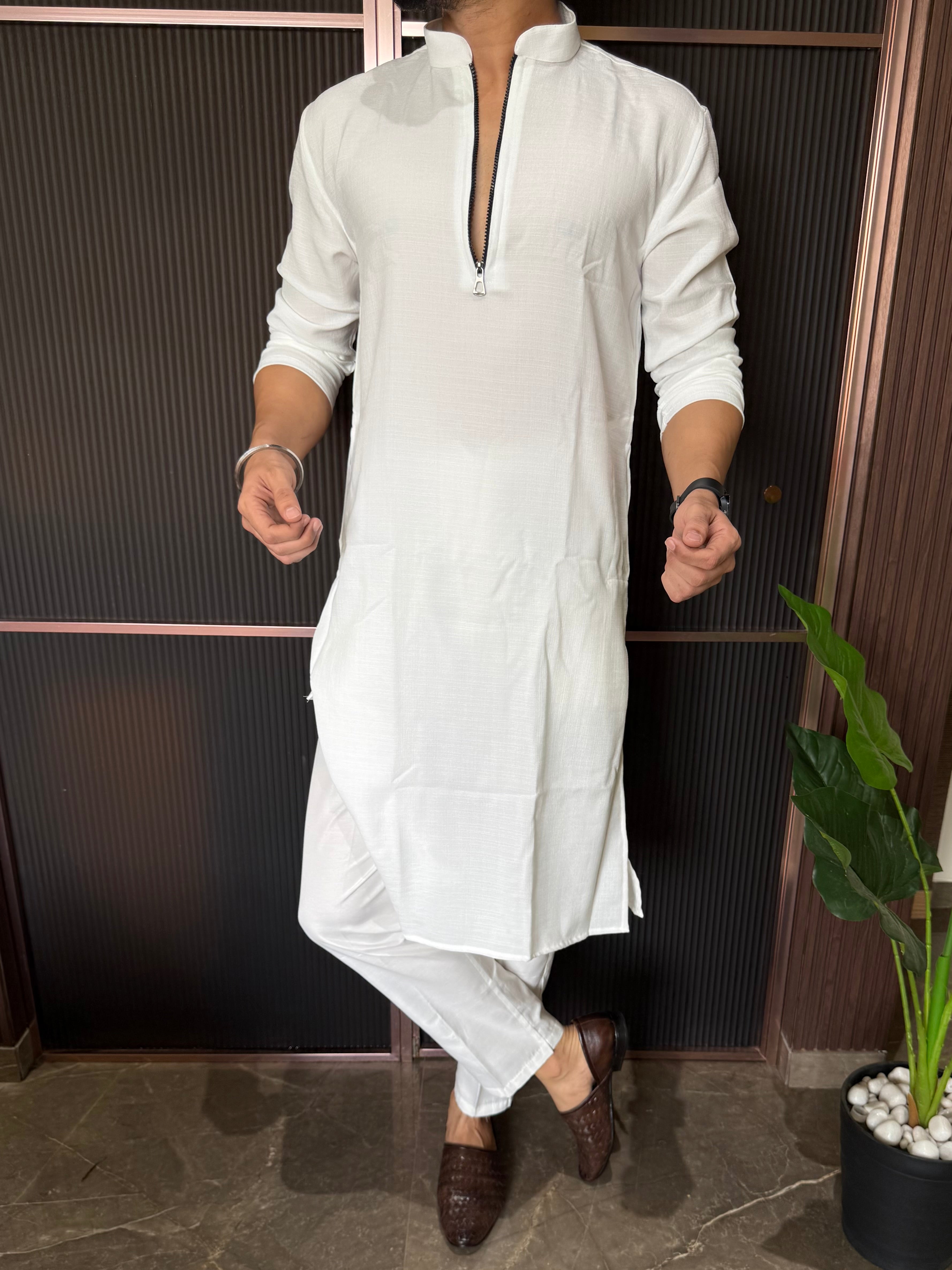 Linen  Zip Style Long White Kurta