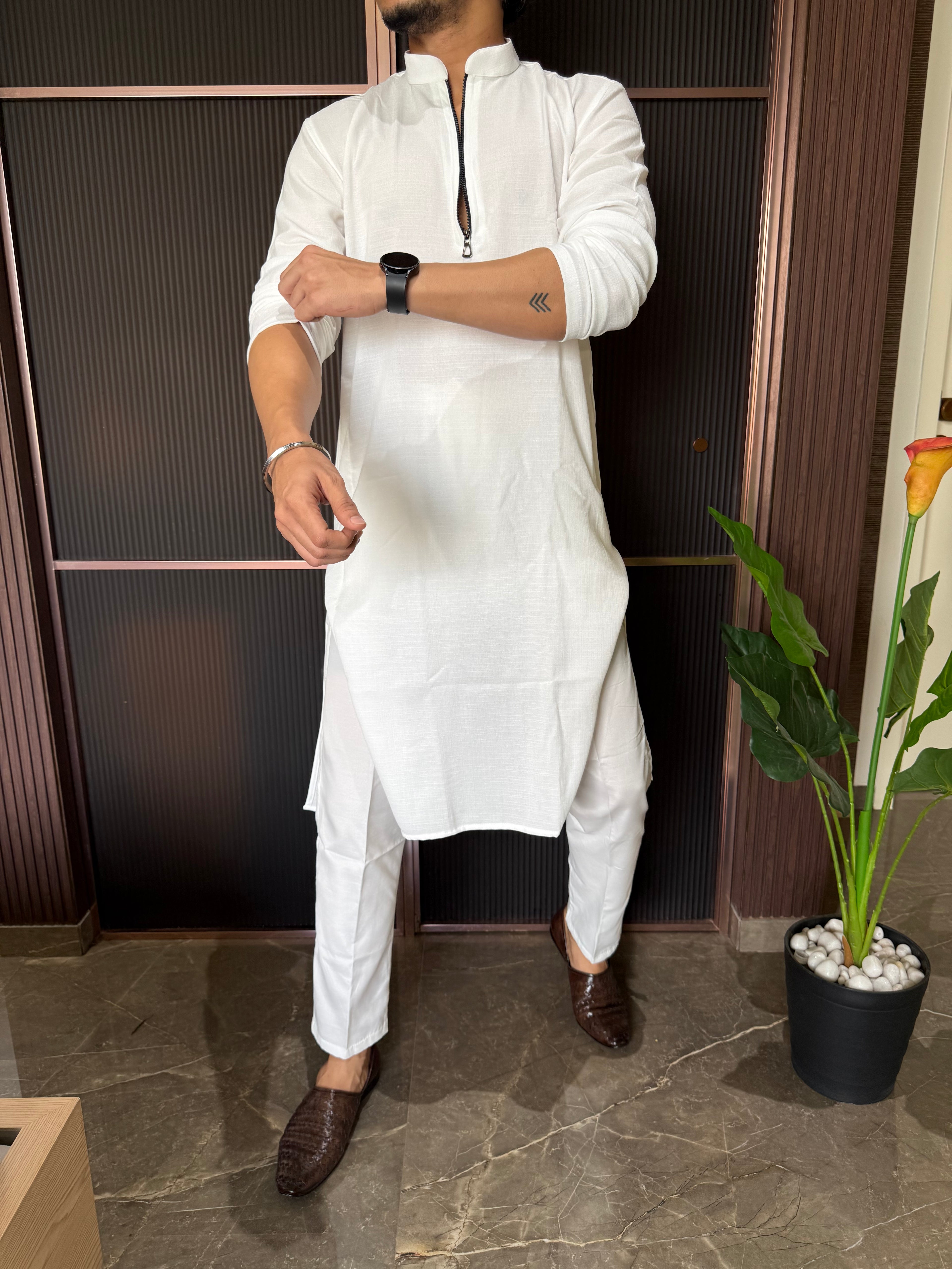 Linen  Zip Style Long White Kurta