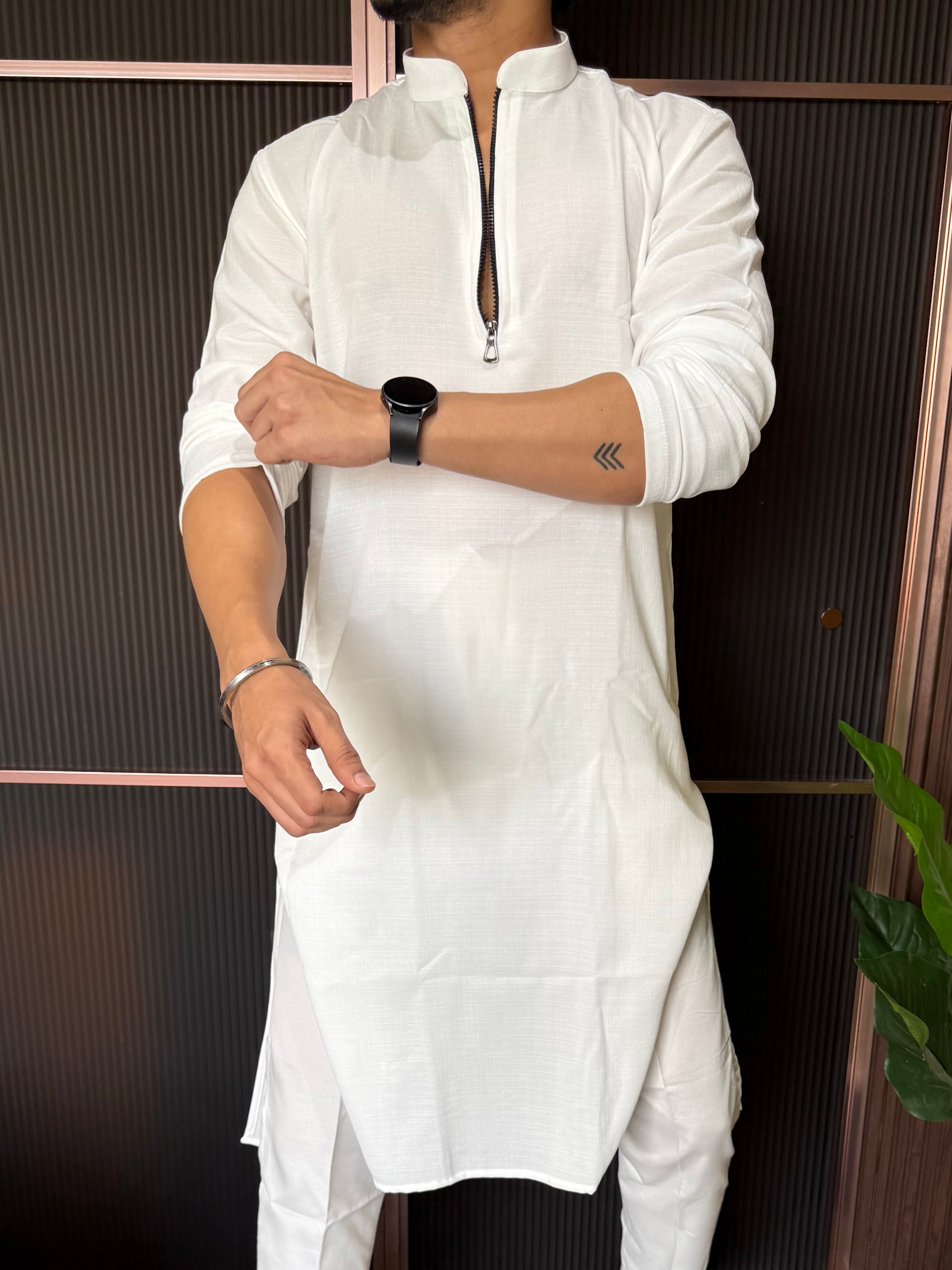 Linen  Zip Style Long White Kurta