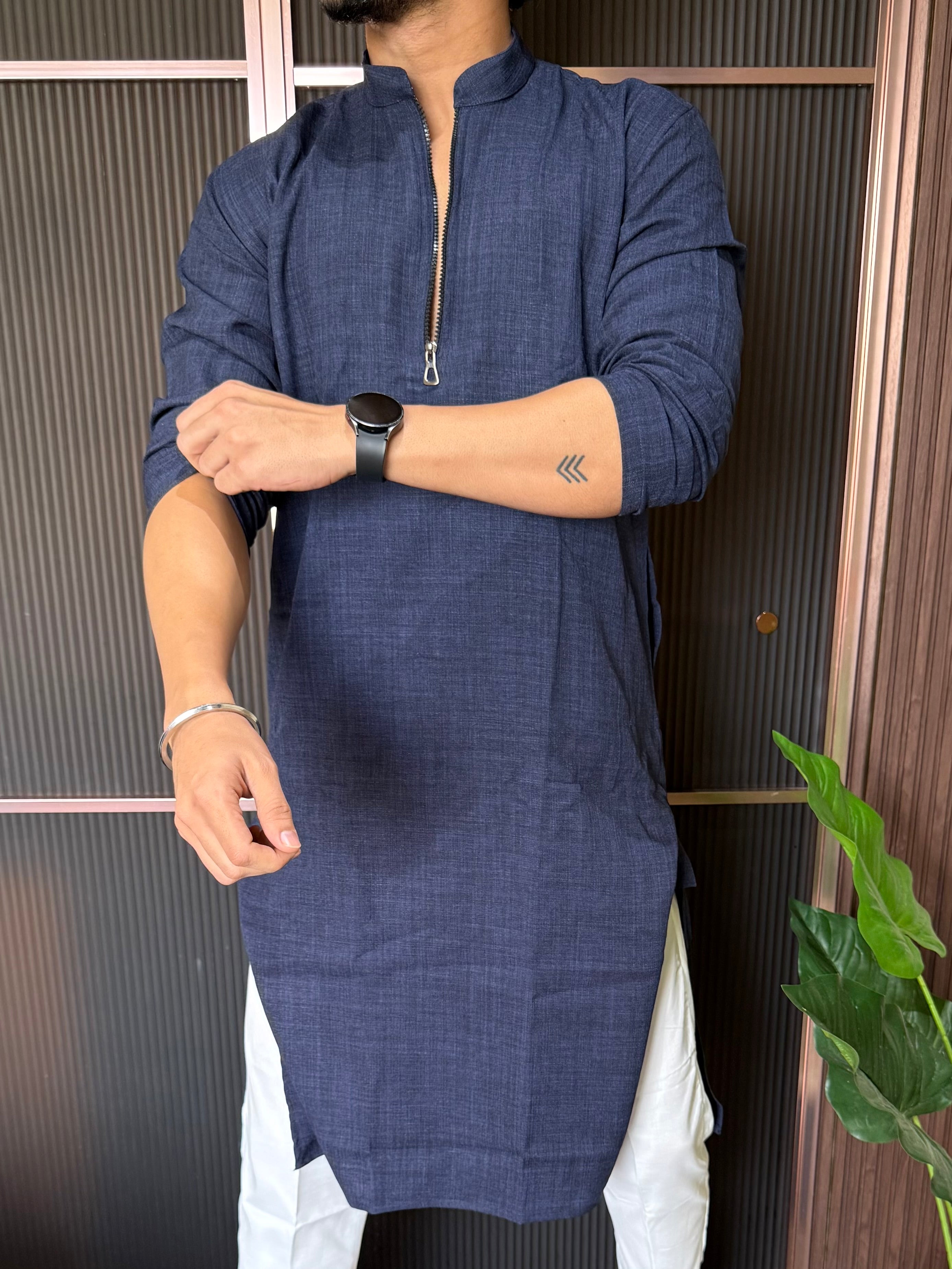 Linen  Zip Style Long Navy Kurta