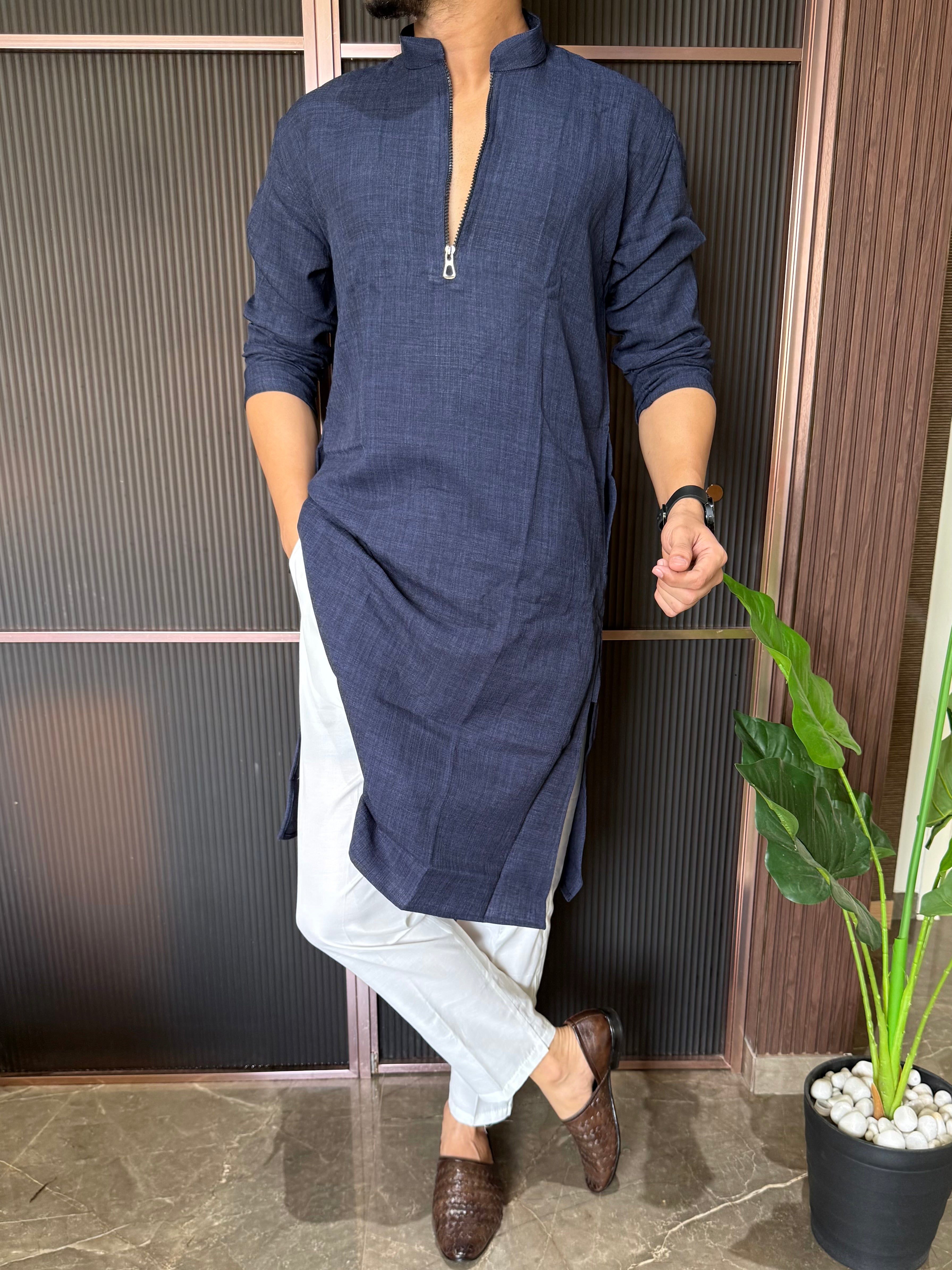 Linen  Zip Style Long Navy Kurta