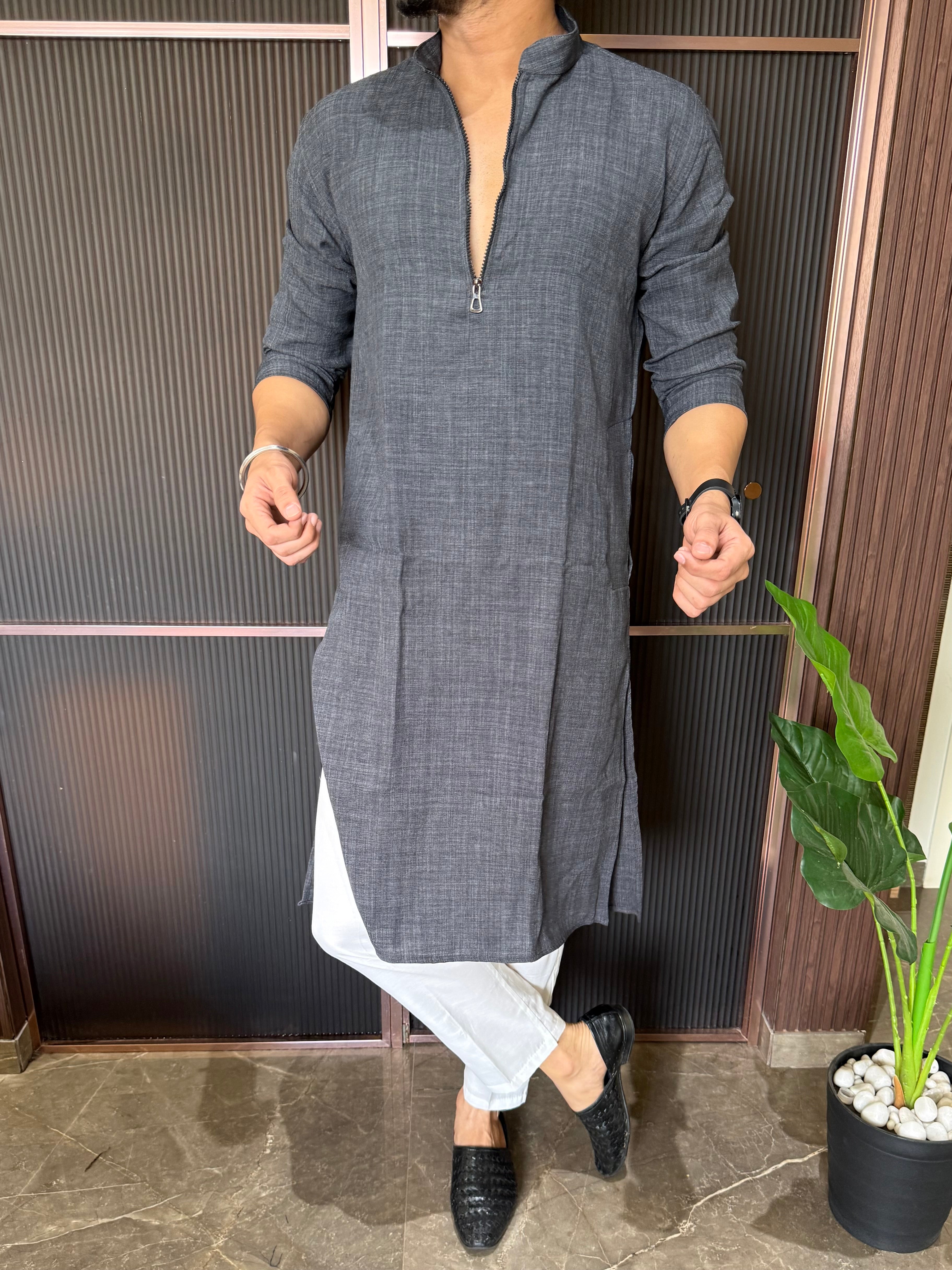 Linen  Zip Style Long Grey Kurta