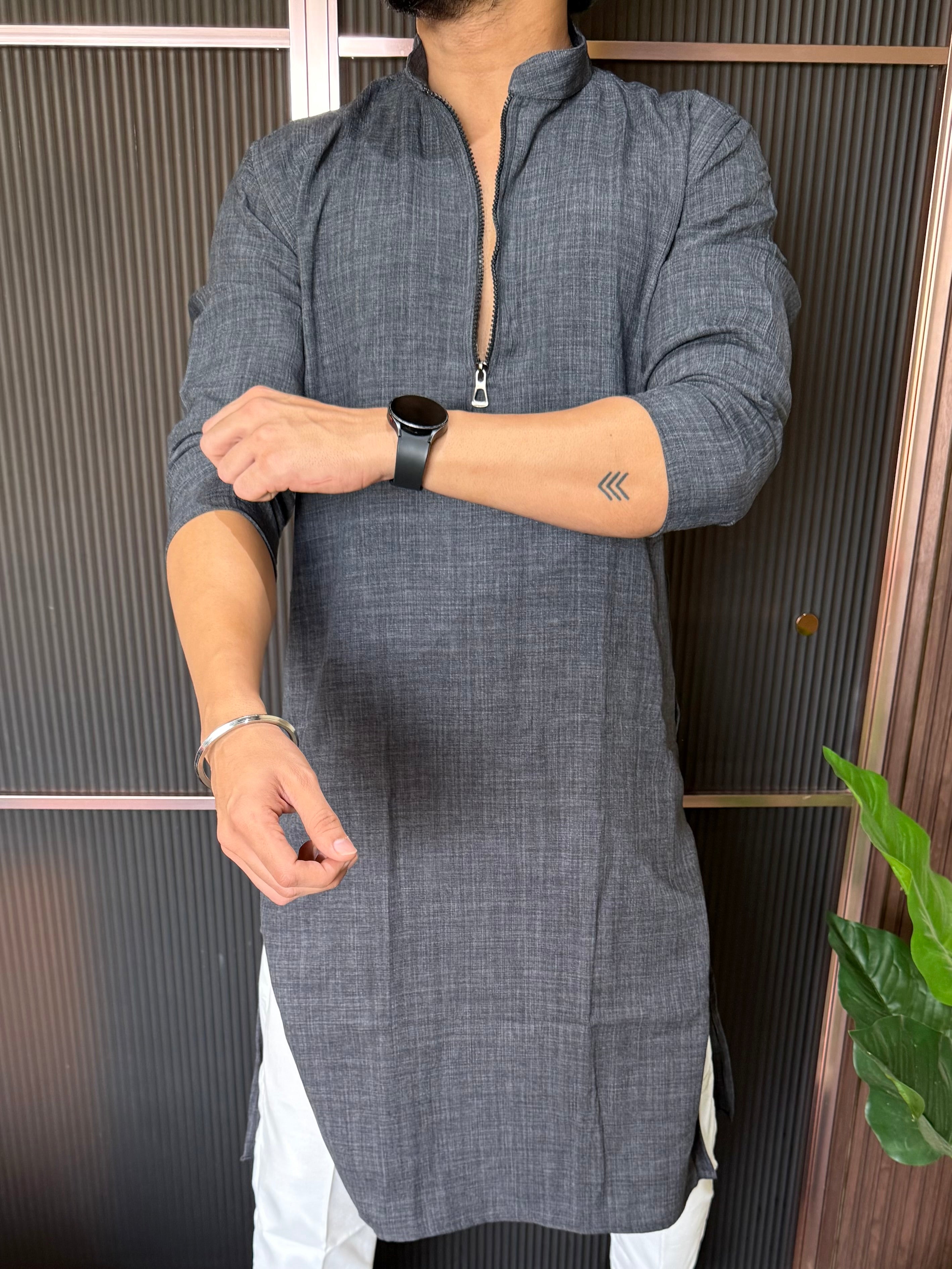 Linen  Zip Style Long Grey Kurta