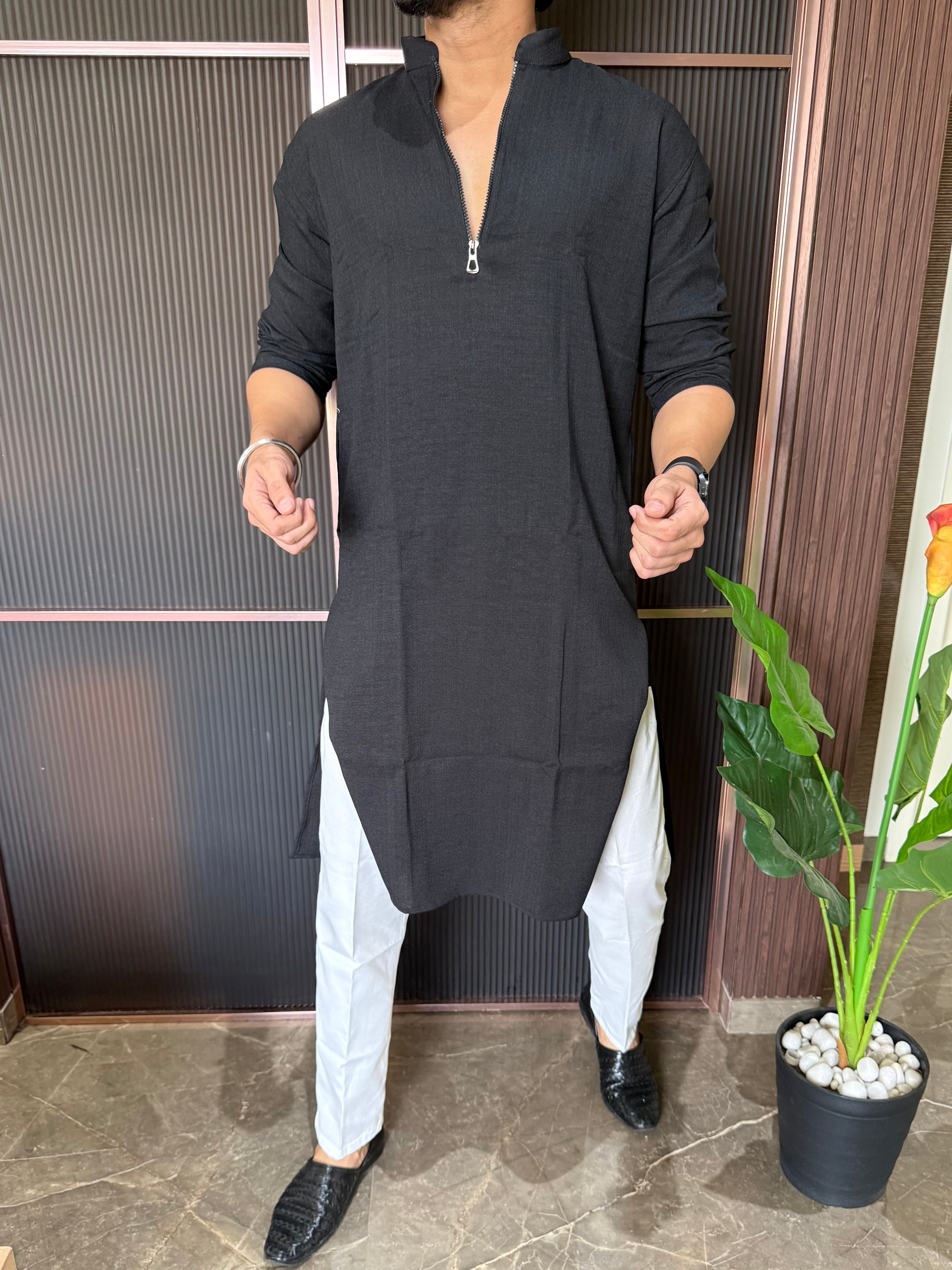 Linen  Zip Style Long Black Kurta