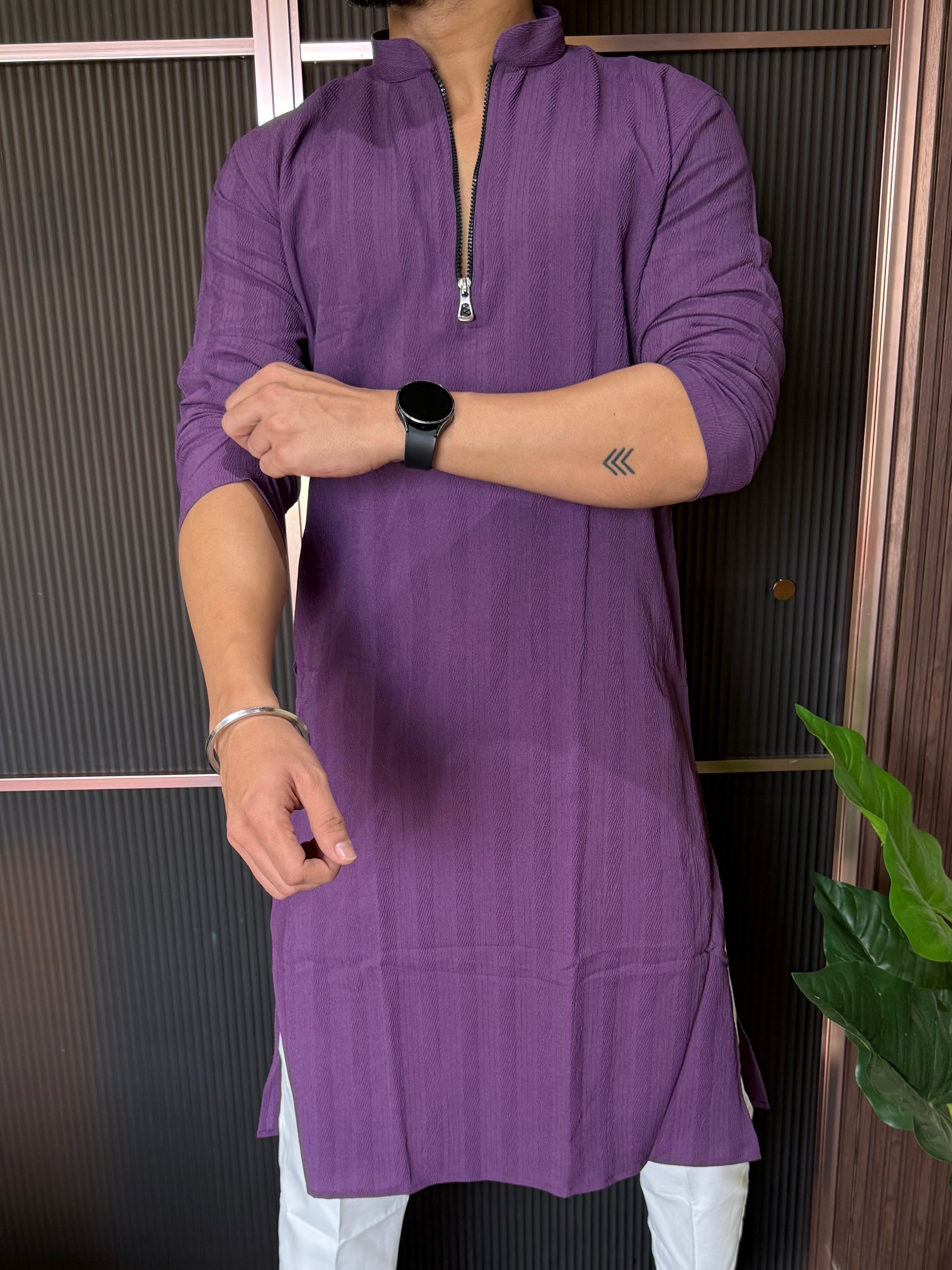 Stretchable Zip Style Long Purple Kurta