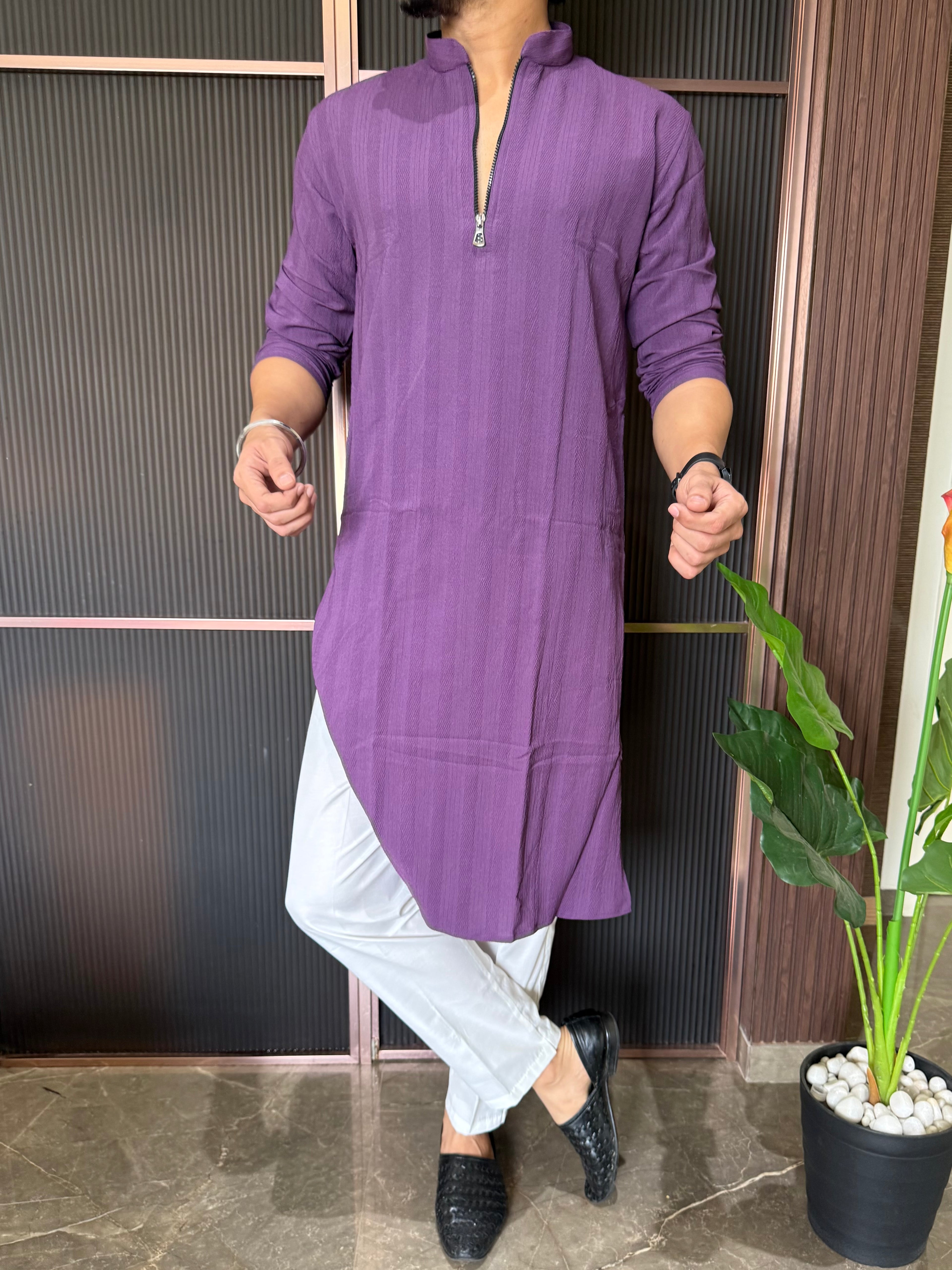 Stretchable Zip Style Long Purple Kurta