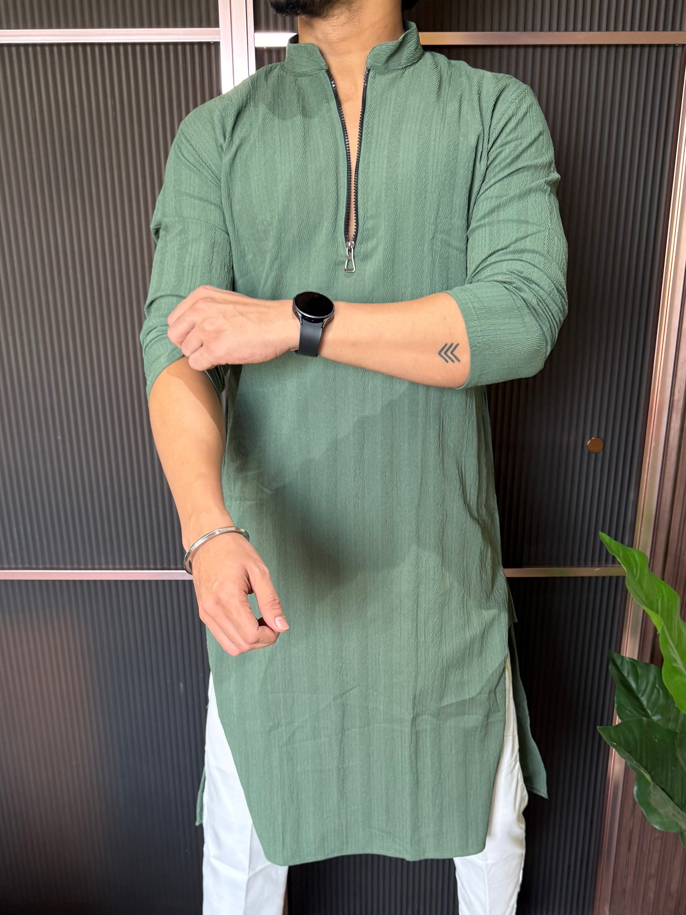 Stretchable Zip Style Long Olive Kurta