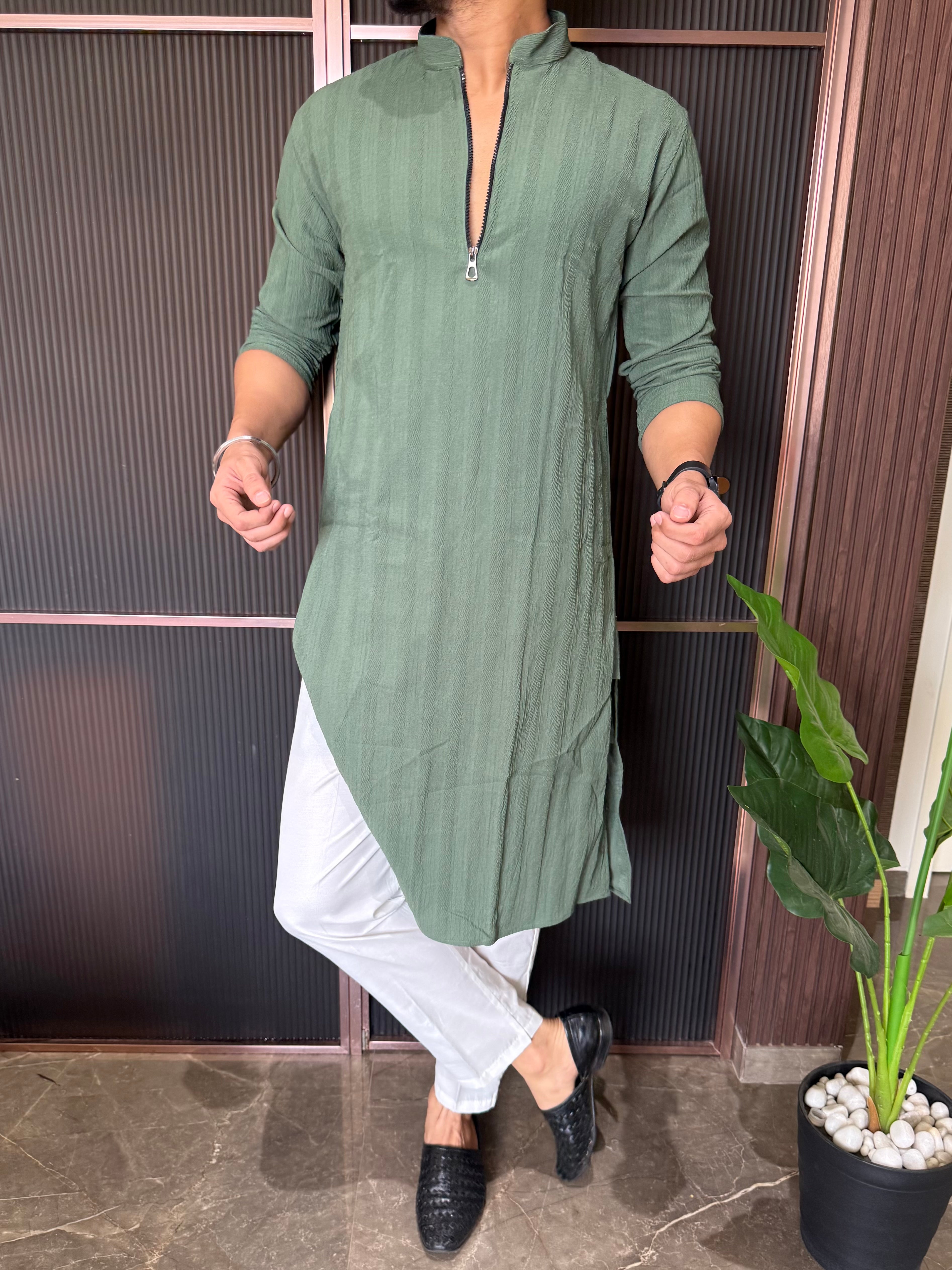 Stretchable Zip Style Long Olive Kurta