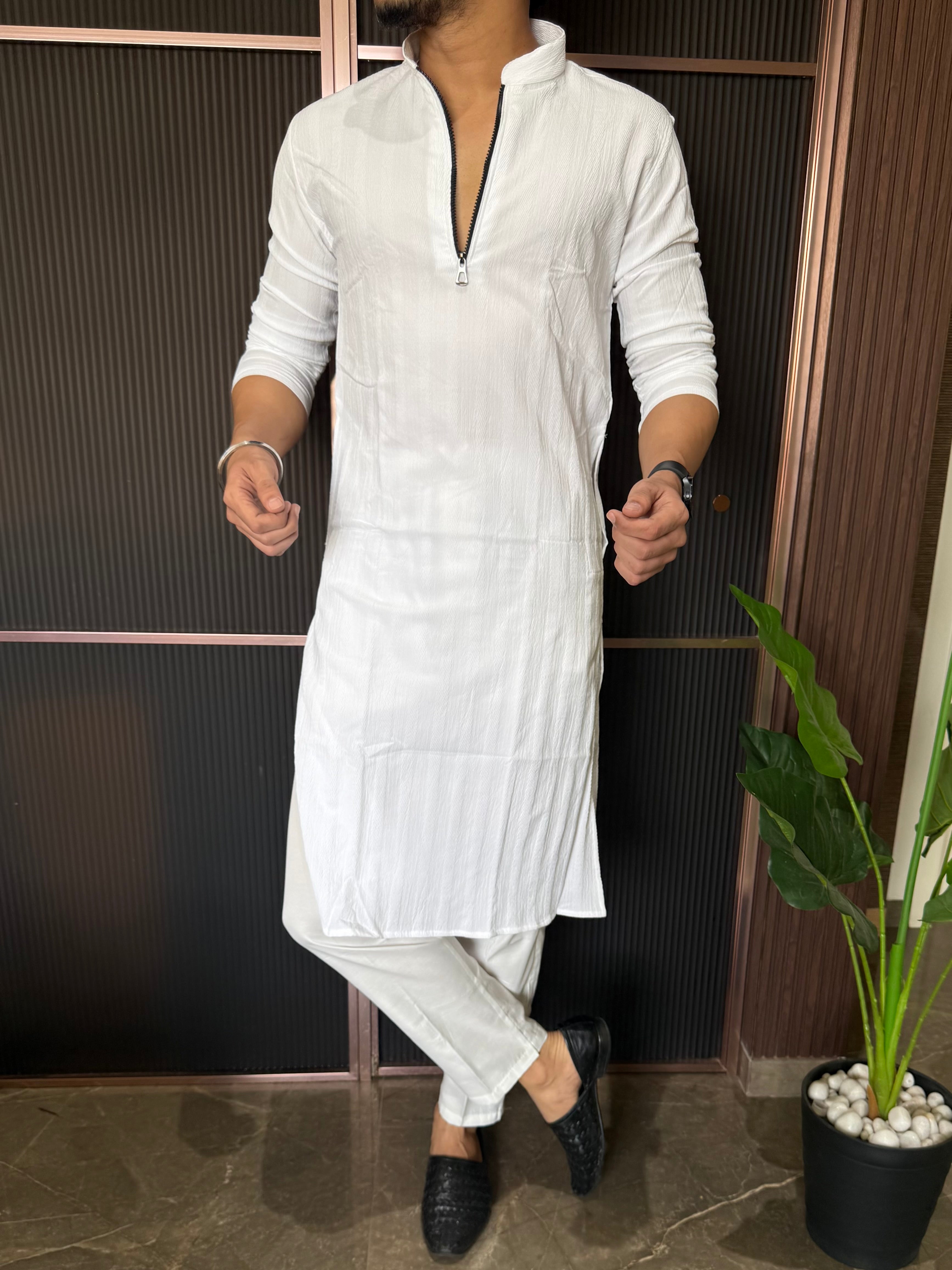 Stretchable Zip Style Long White Kurta