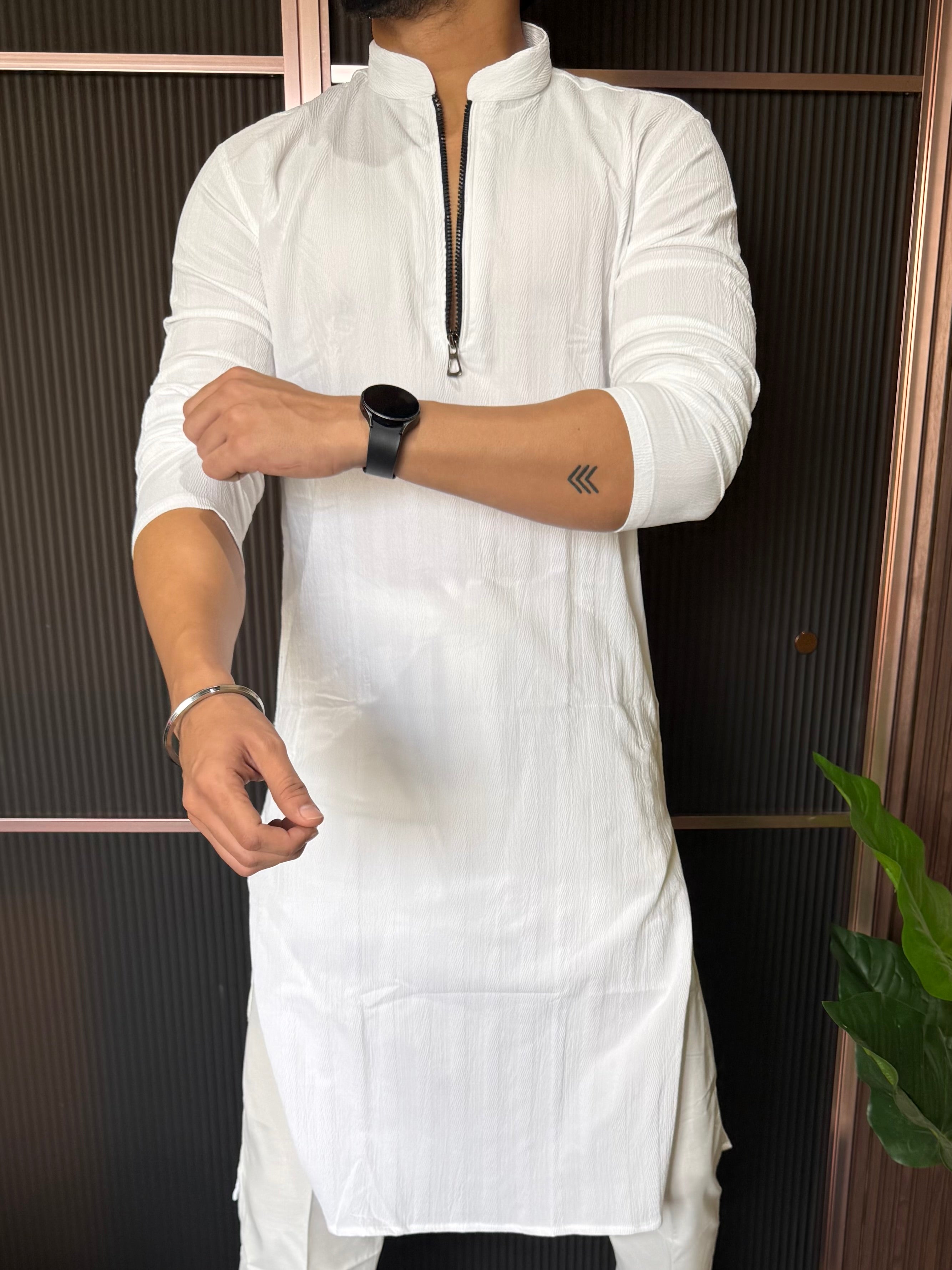 Stretchable Zip Style Long White Kurta