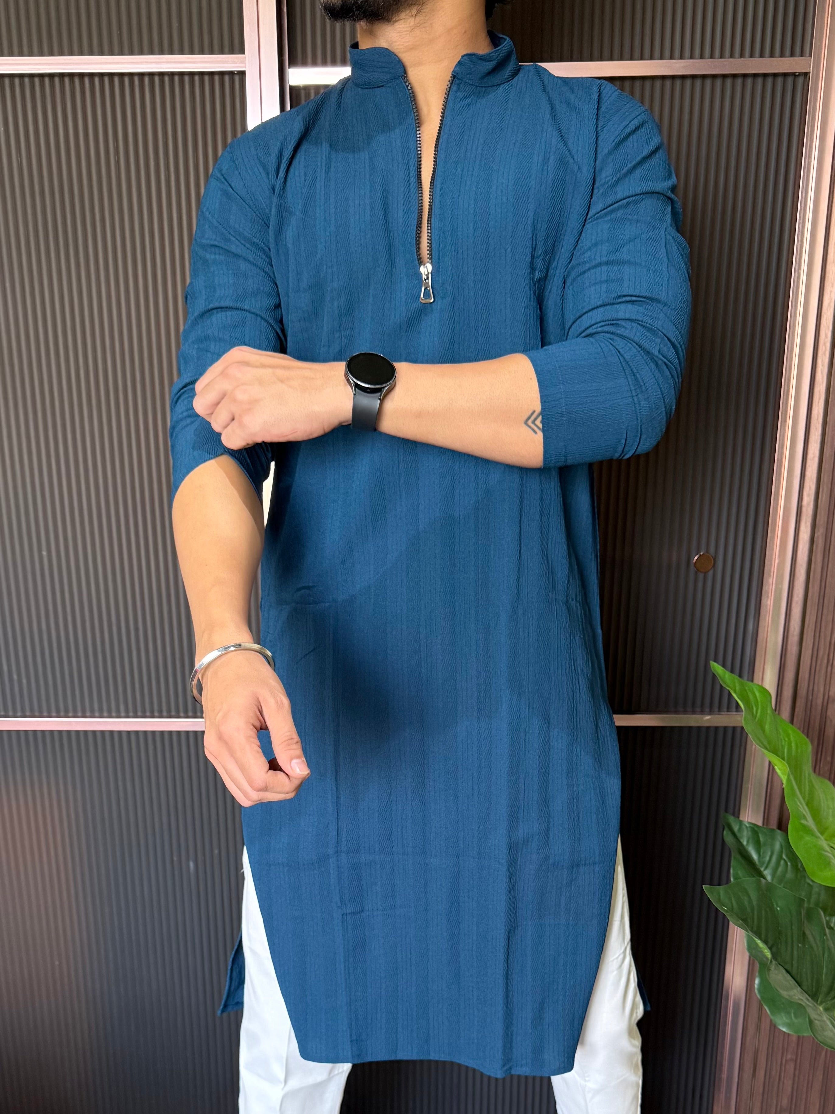 Stretchable Zip Style Long Blue Kurta