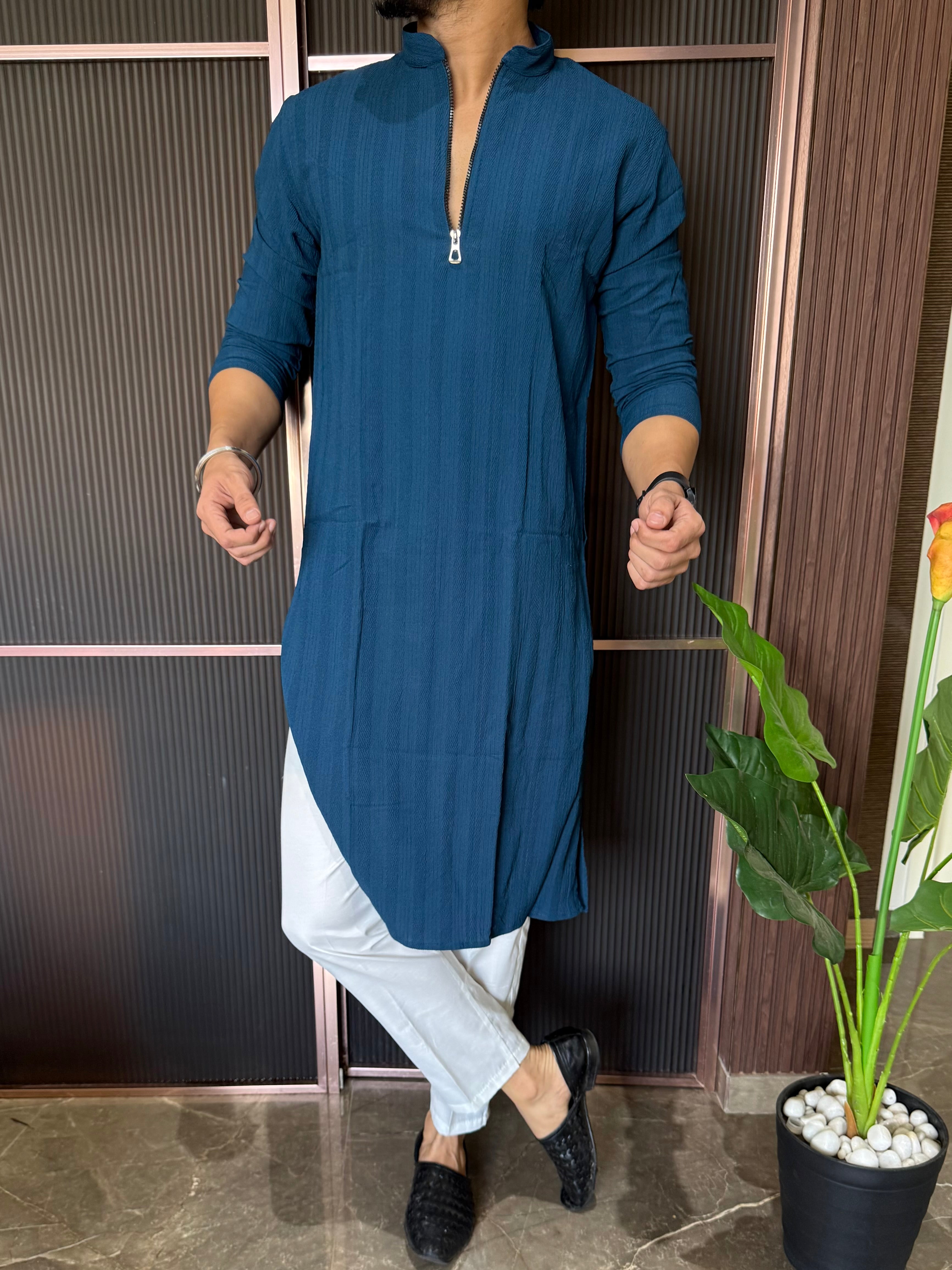 Stretchable Zip Style Long Blue Kurta