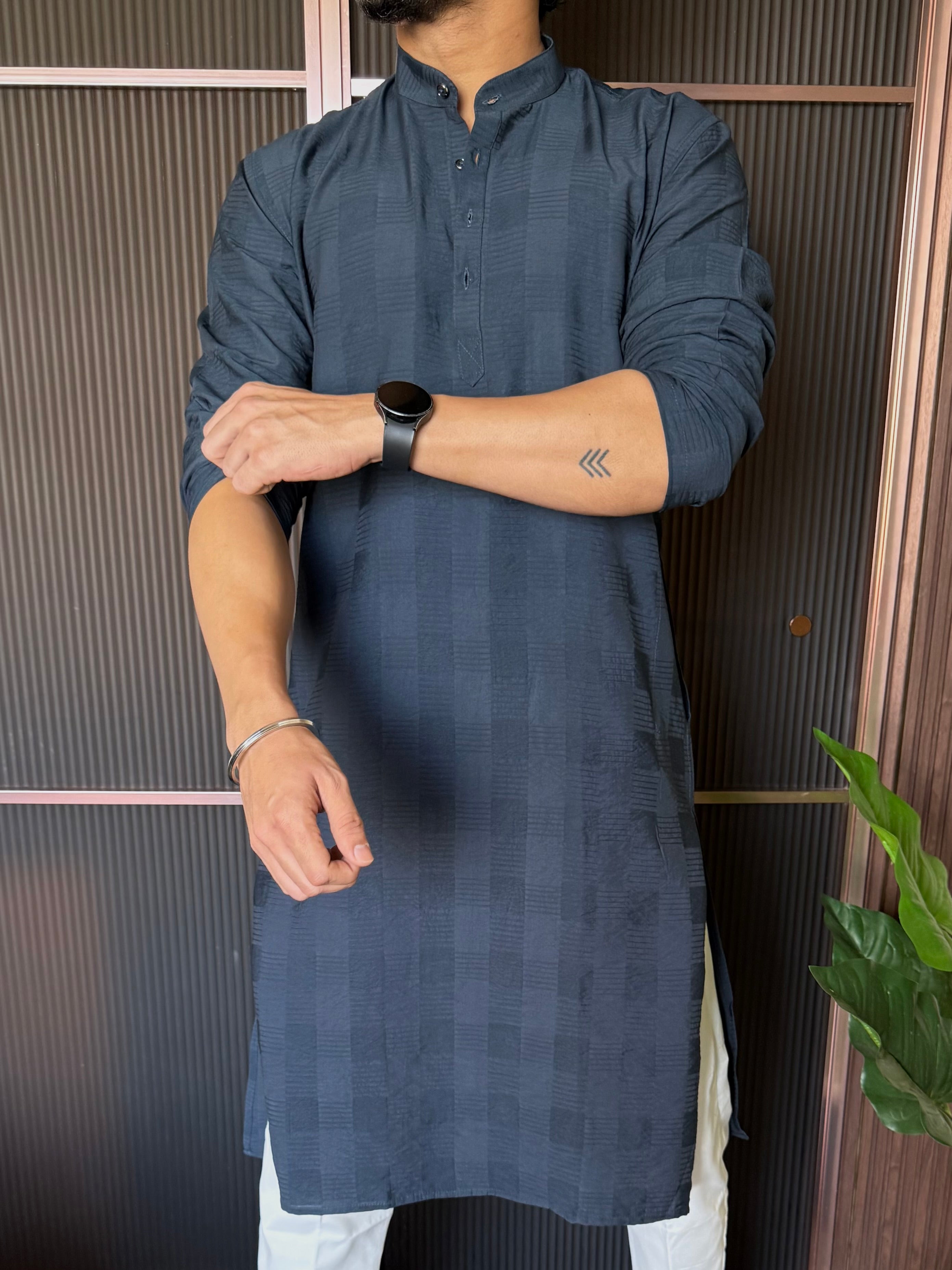 Self Design Navy Long Kurta