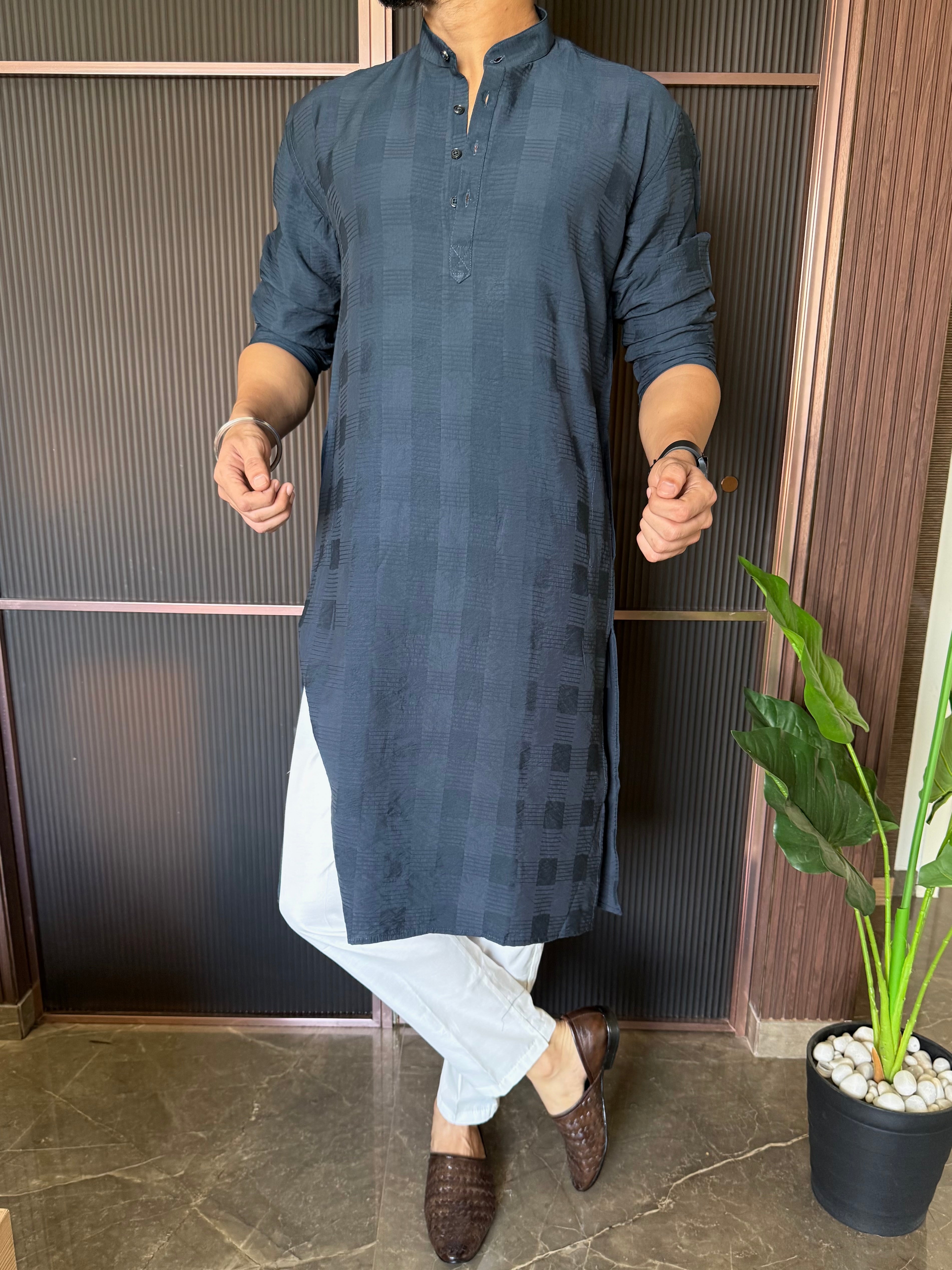 Self Design Navy Long Kurta