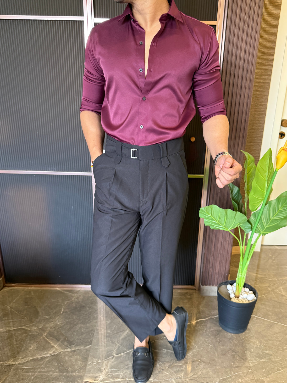 Satin Maroon Full sleeves Shirt