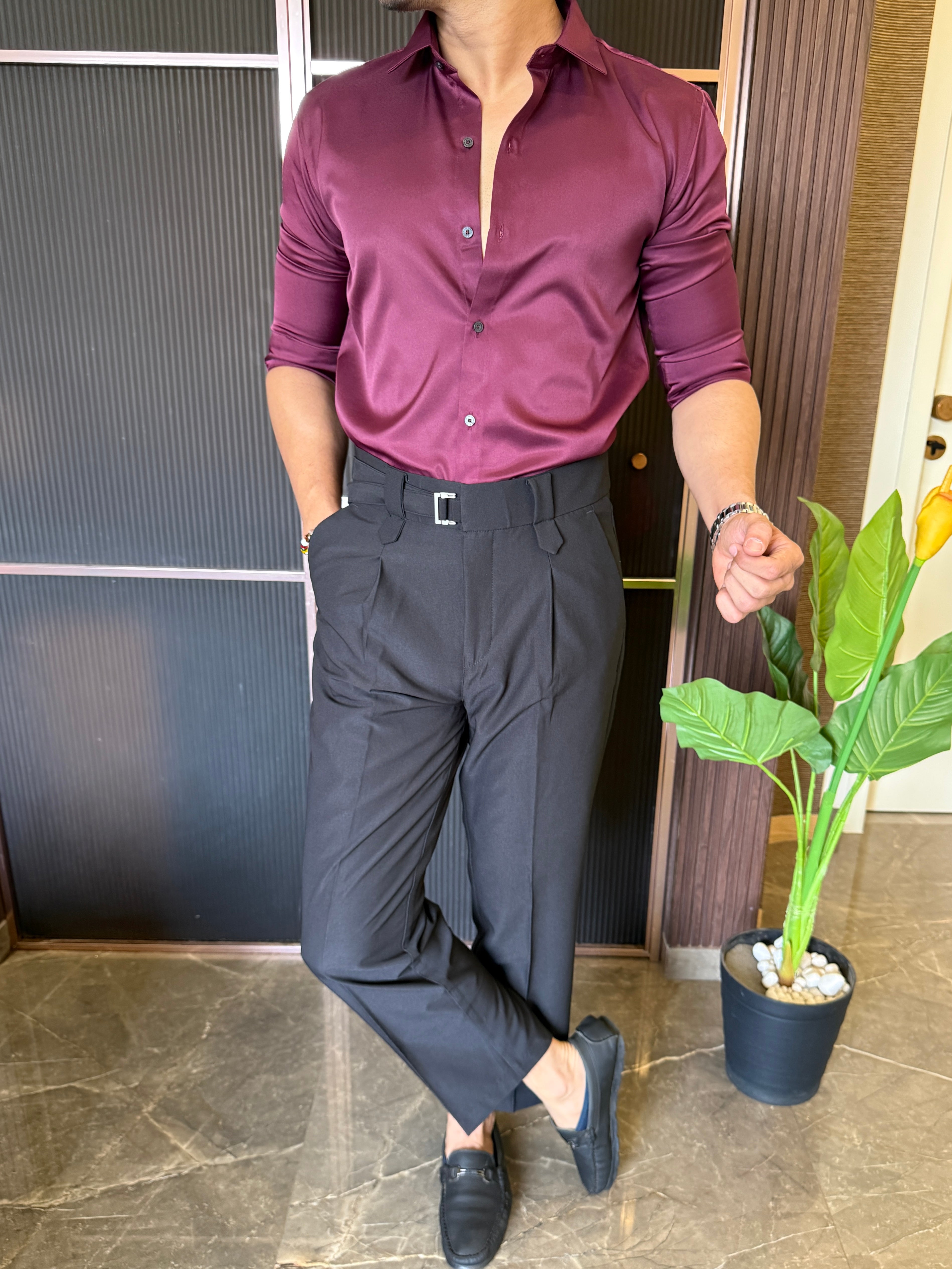 Satin Maroon Full sleeves Shirt