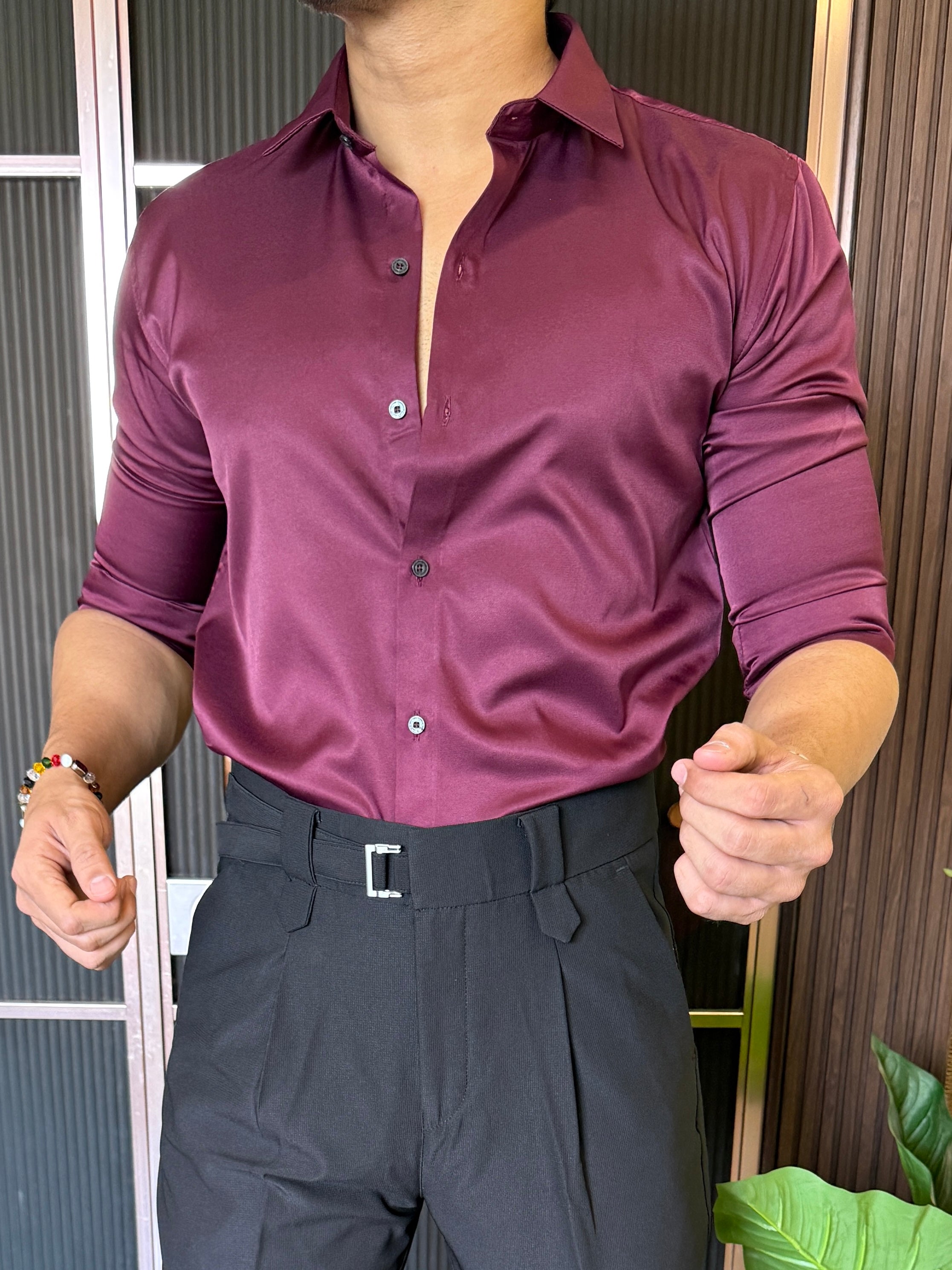 Satin Maroon Full sleeves Shirt