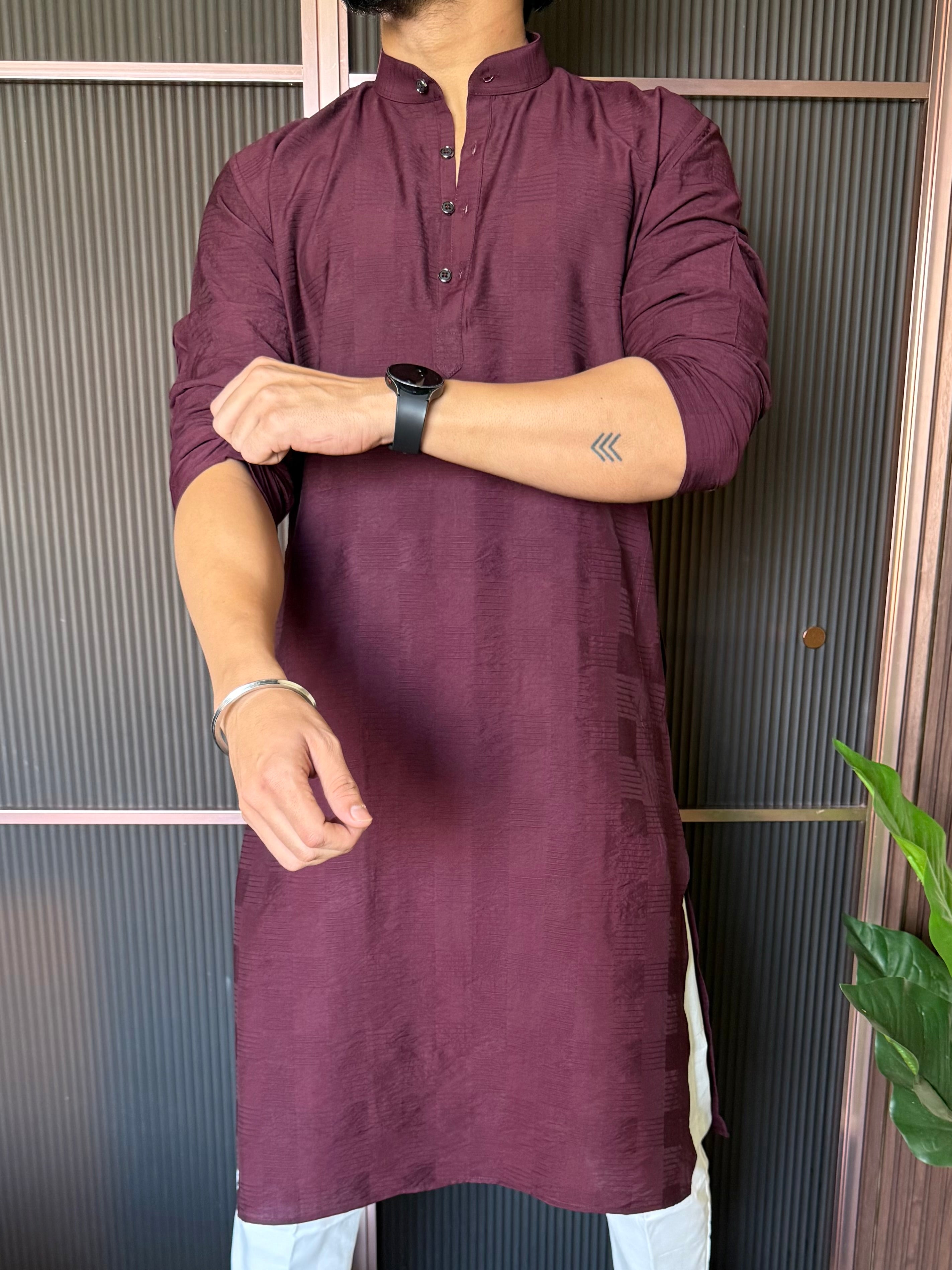 Self Design Wine Long Kurta