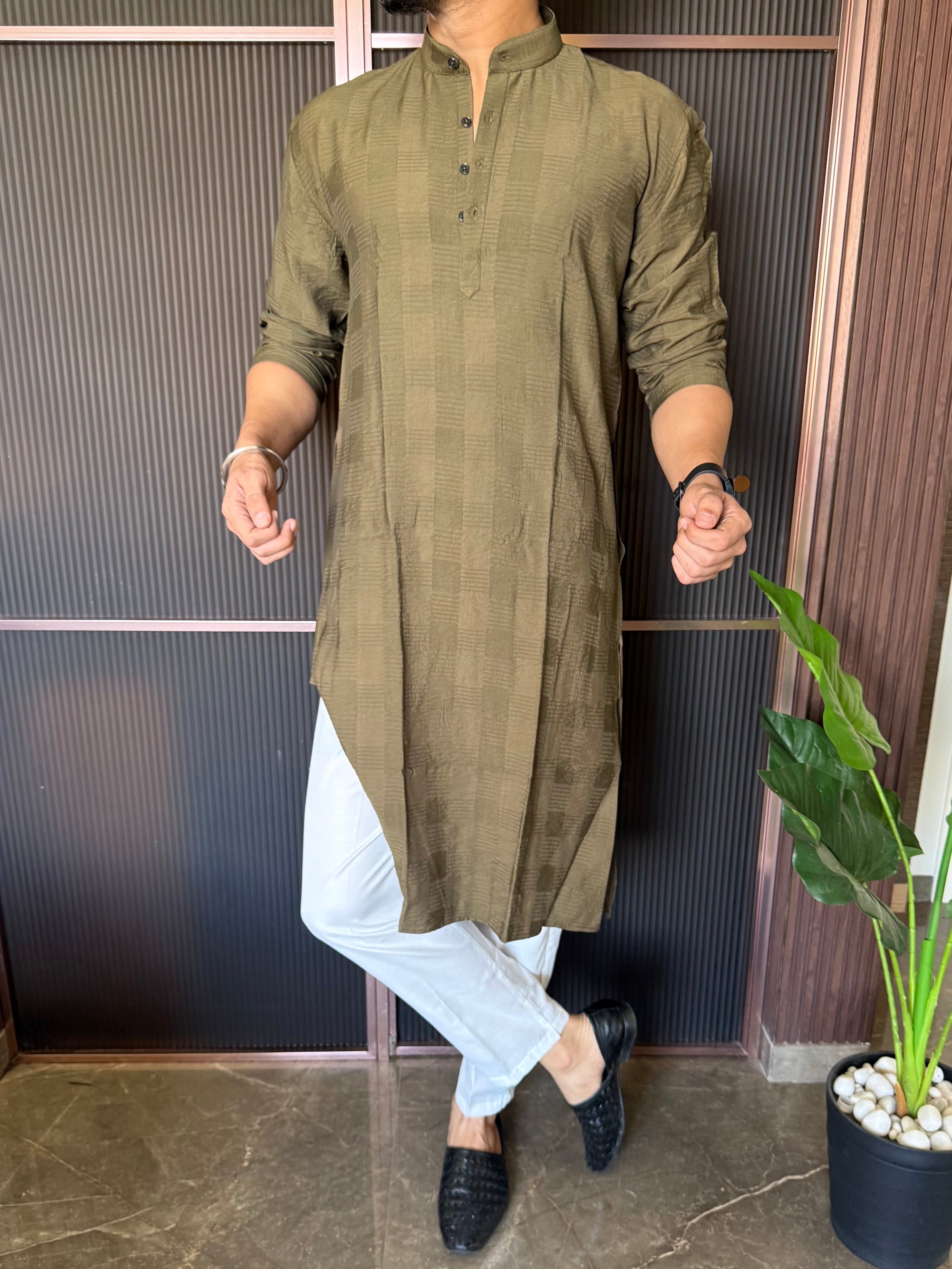 Self Design Green Long Kurta