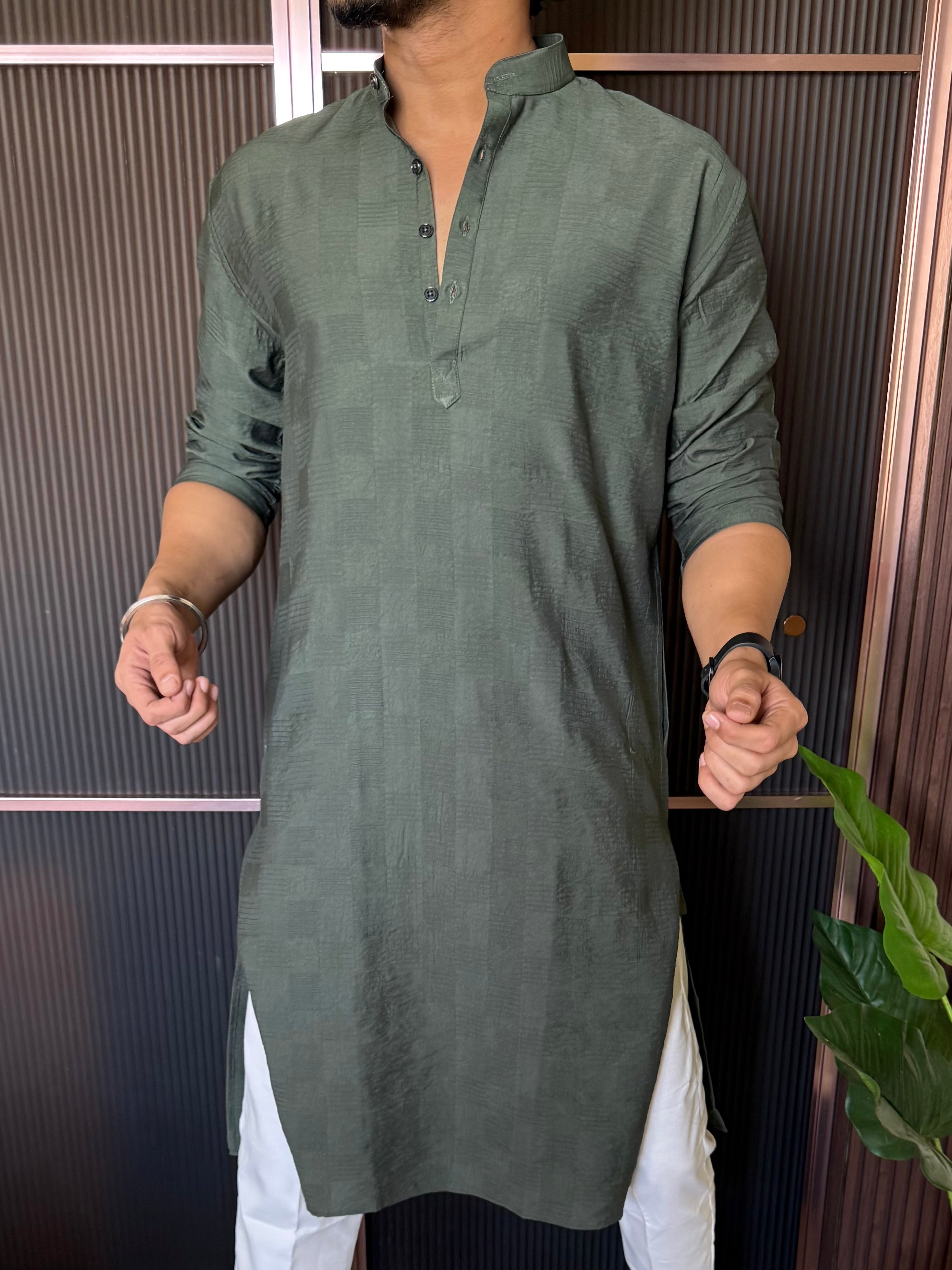 Self Design Olive Long Kurta