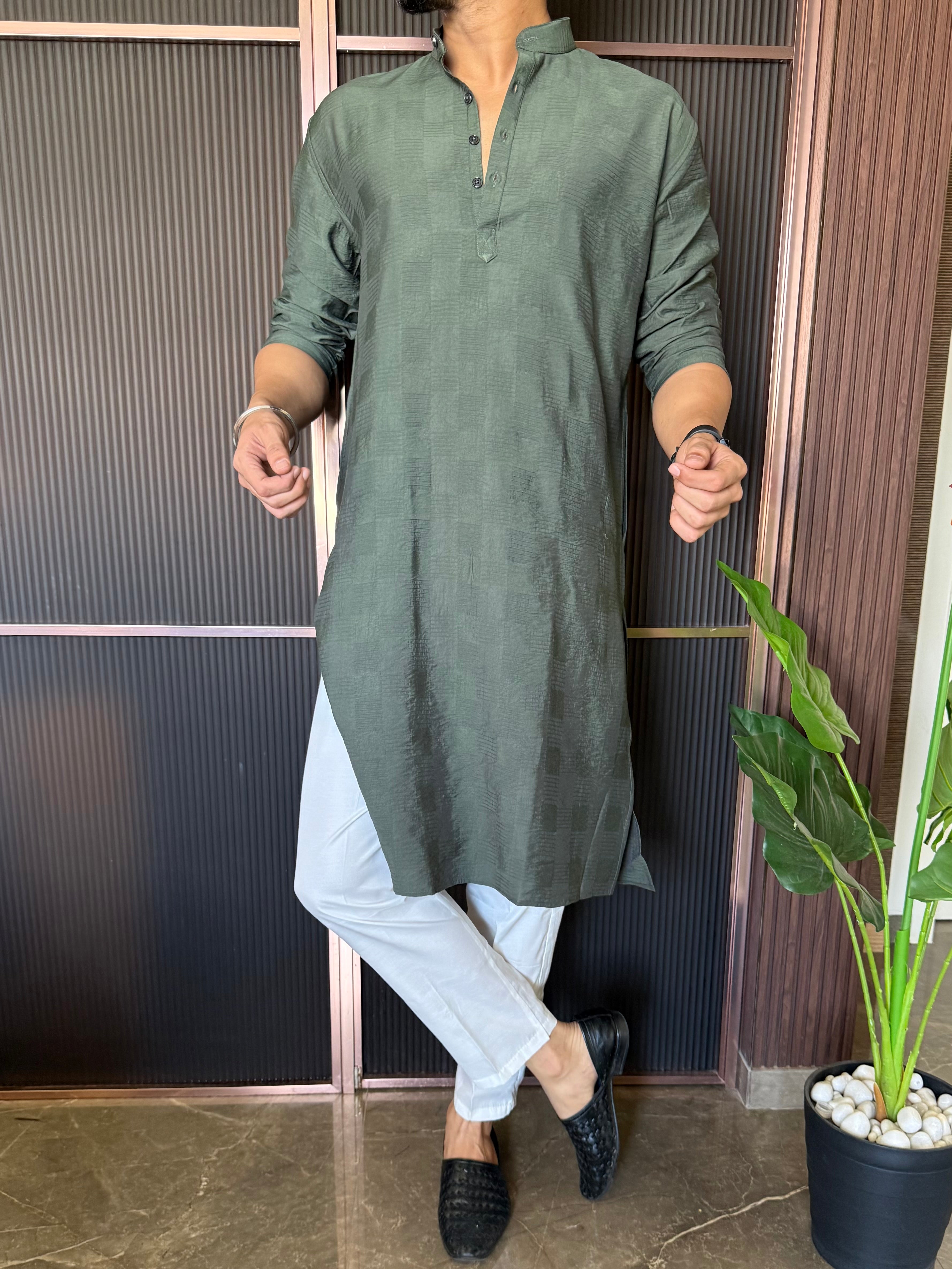 Self Design Olive Long Kurta
