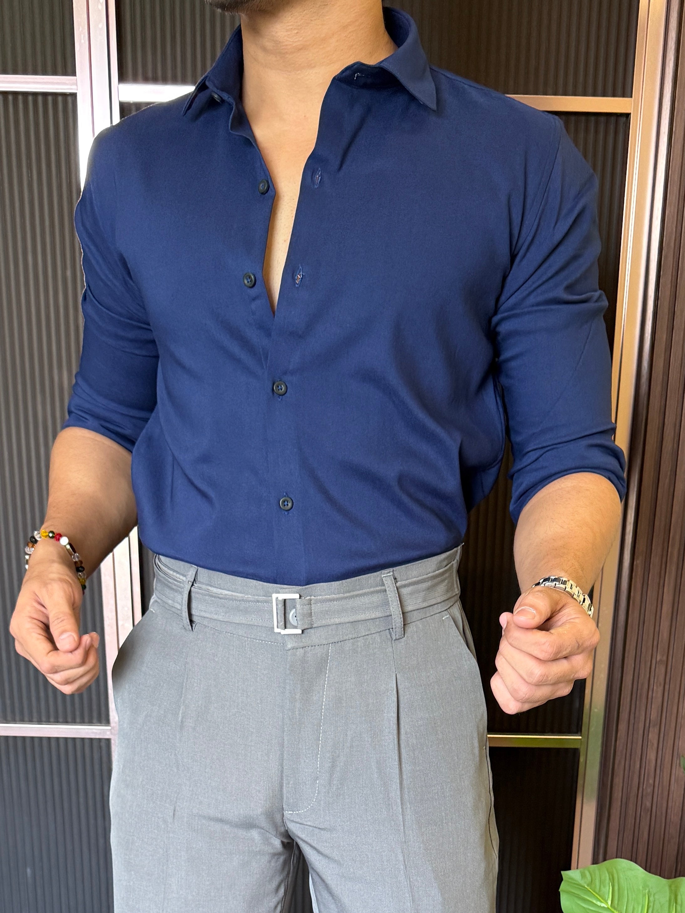 Stretchable Cotton Navy FullShirt