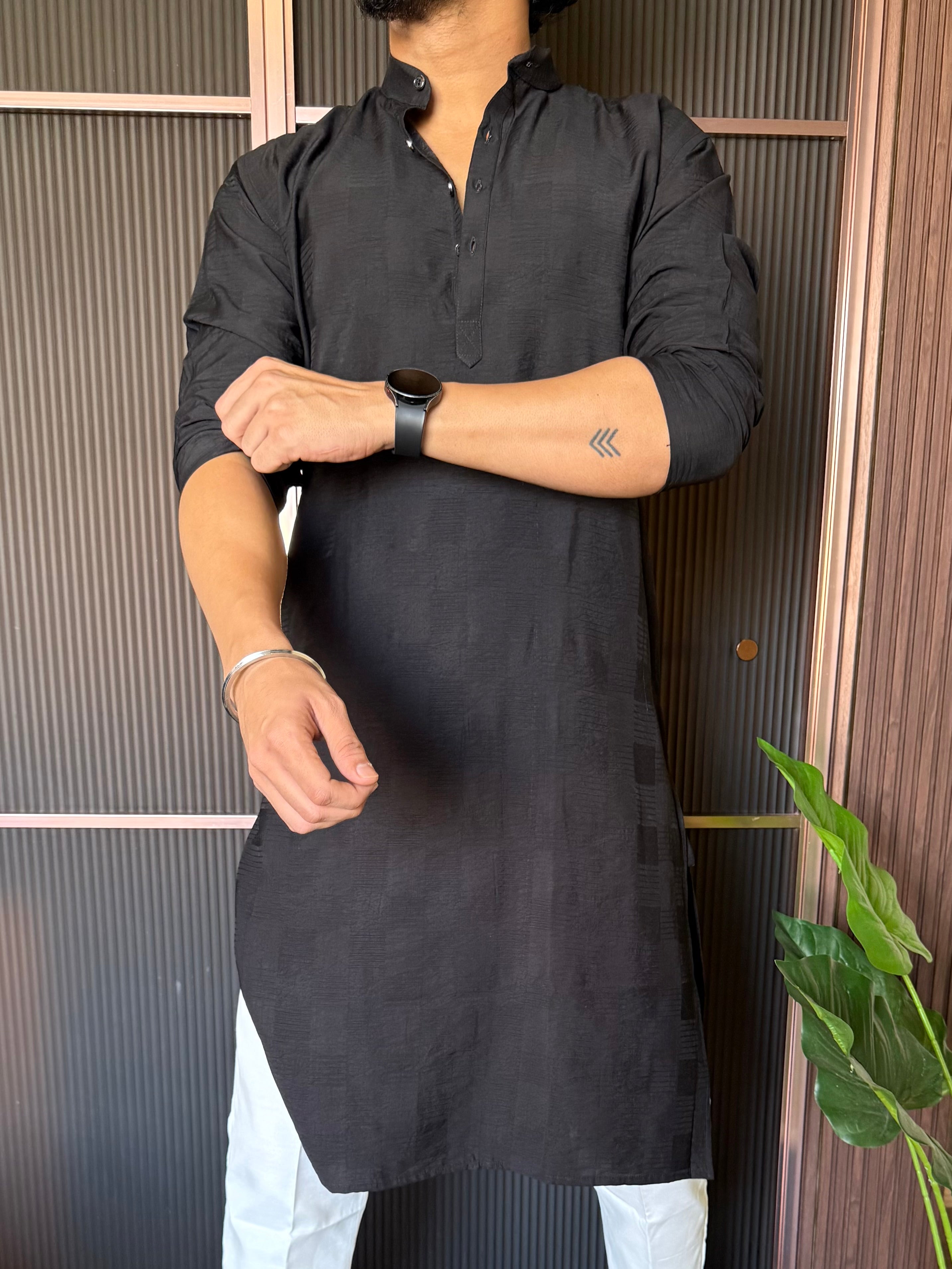 Self Design Black Long Kurta