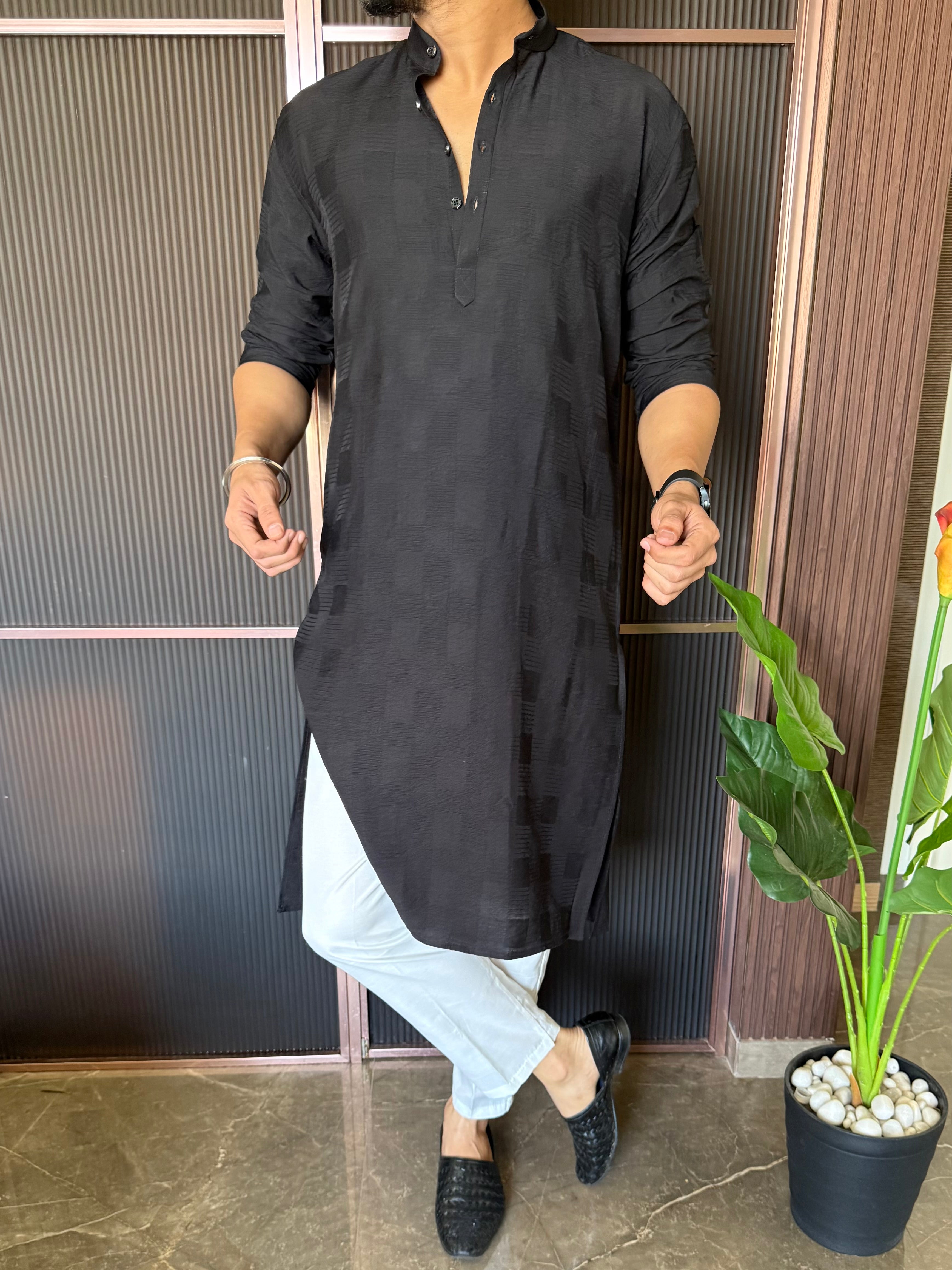 Self Design Black Long Kurta