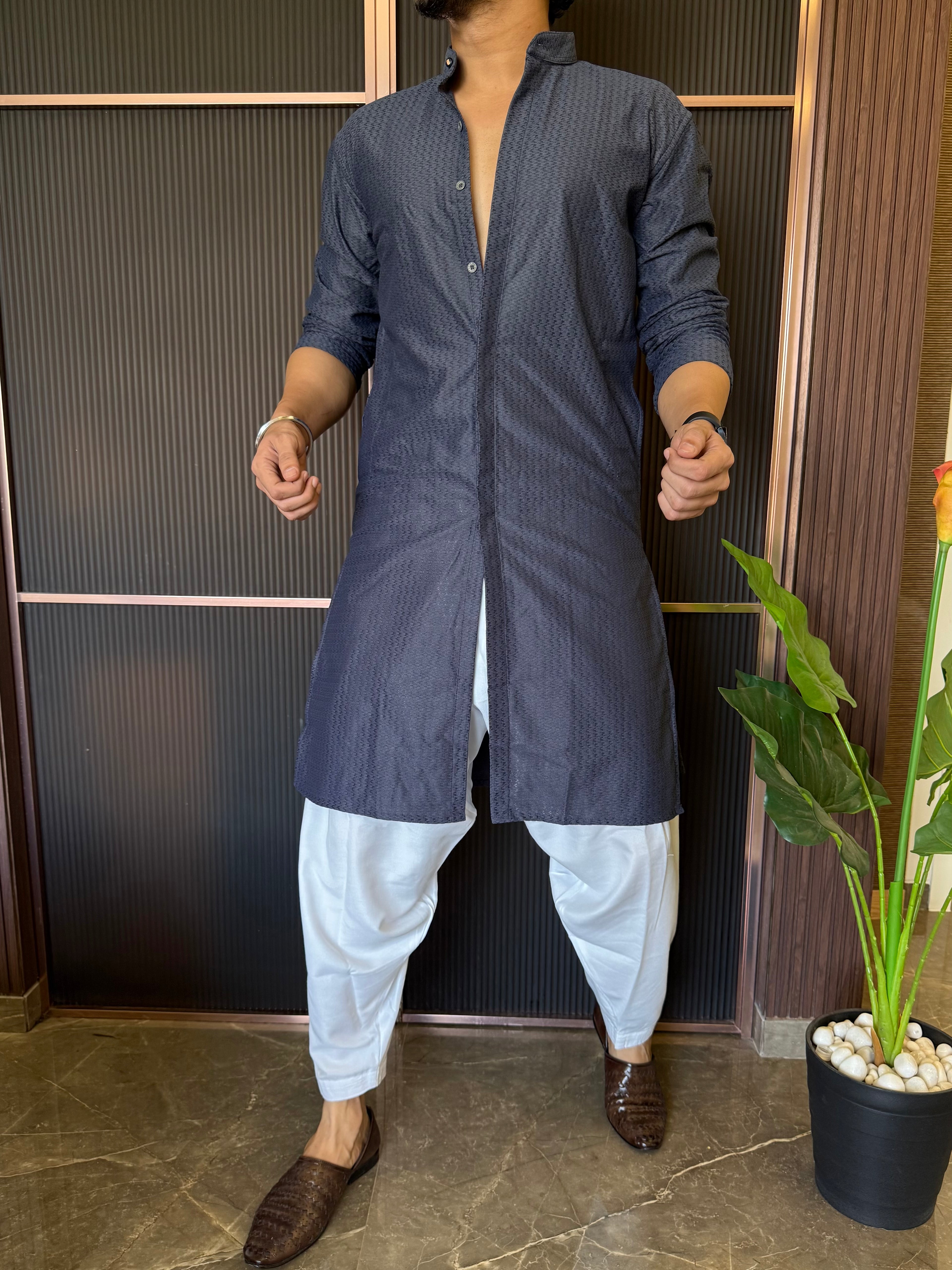 Imported Fabric Full Button Blue Kurta