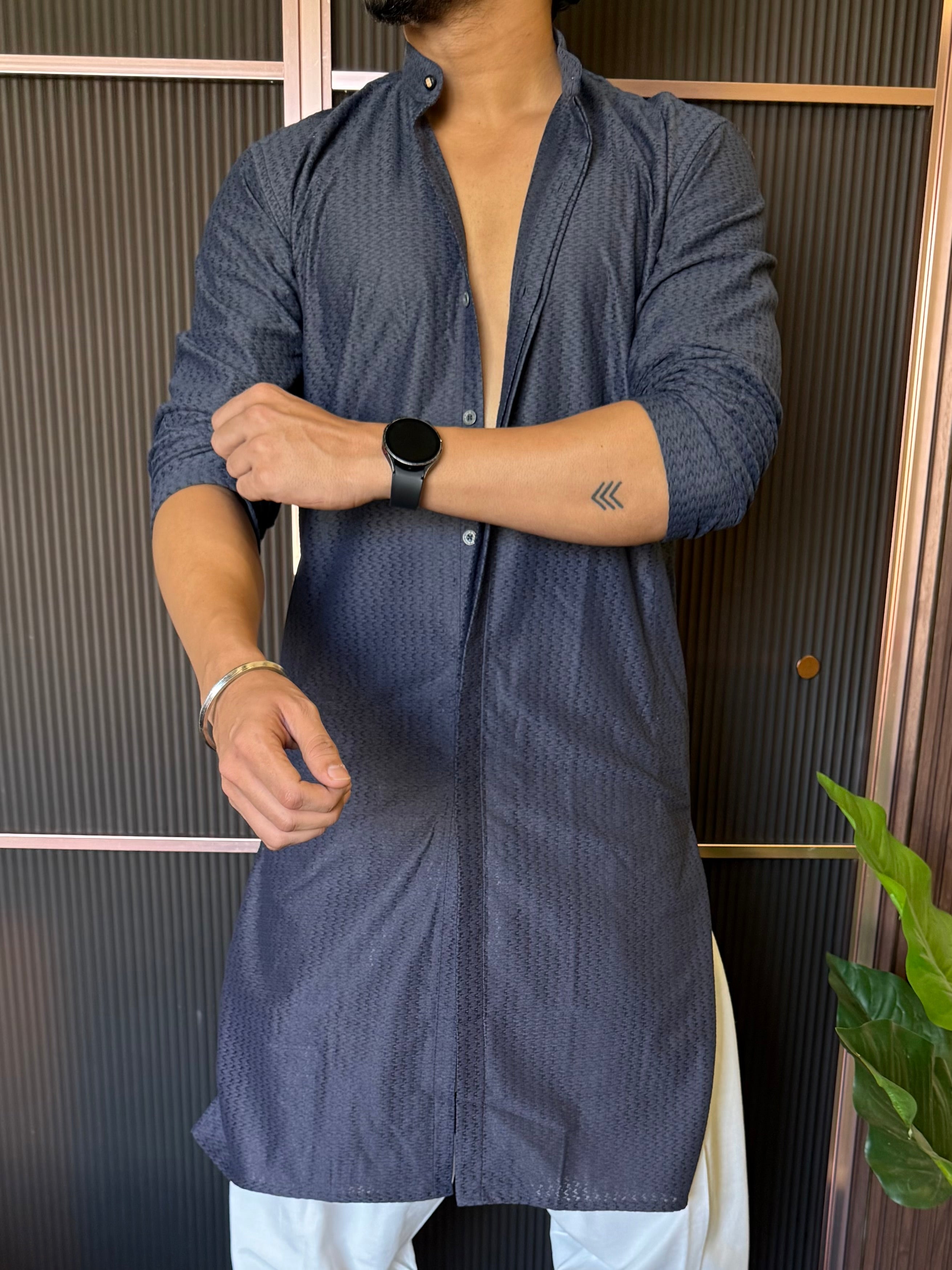 Imported Fabric Full Button Blue Kurta